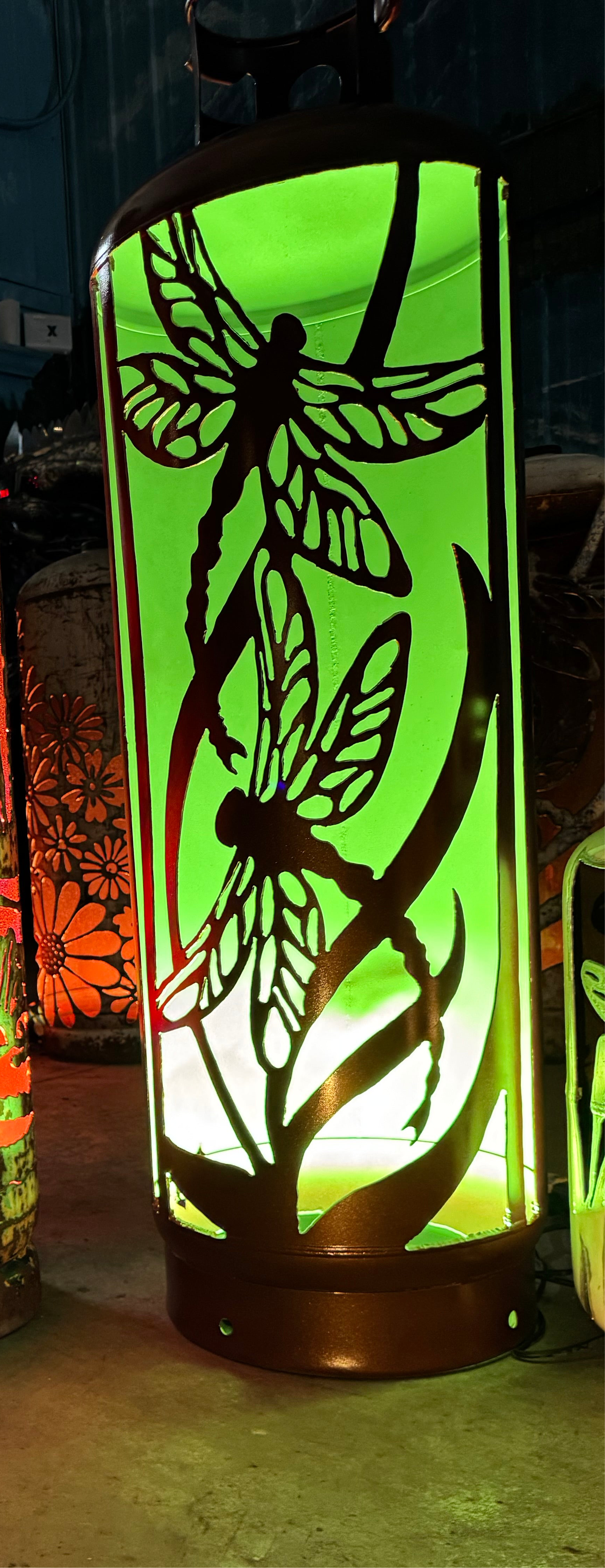 100lb Upcycled Patio Lantern, Dragonfly Painted Copper