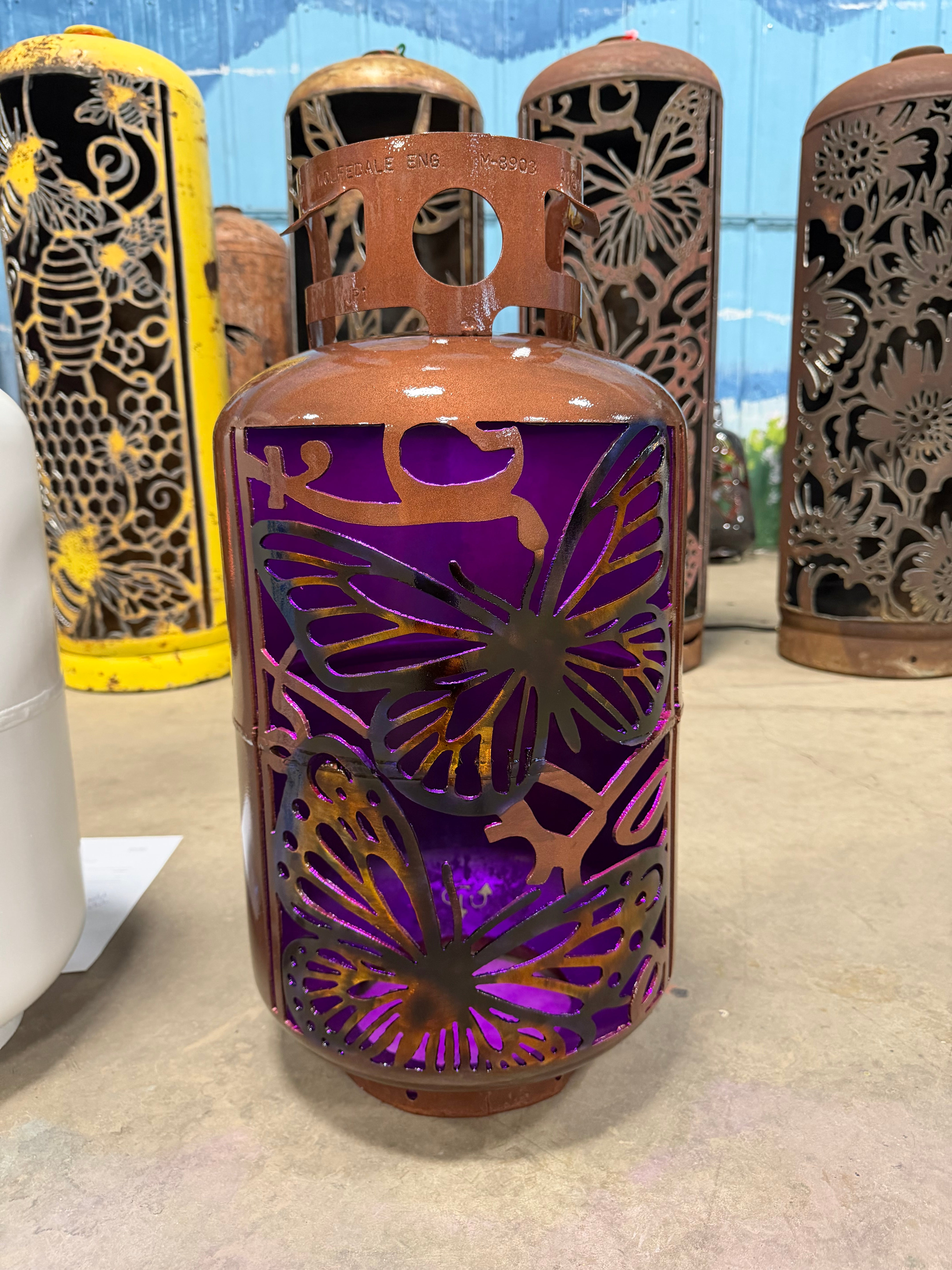 30lb Upcycled Patio Lantern, Mariposa 2 Butterfly Copper Airbrush Patina