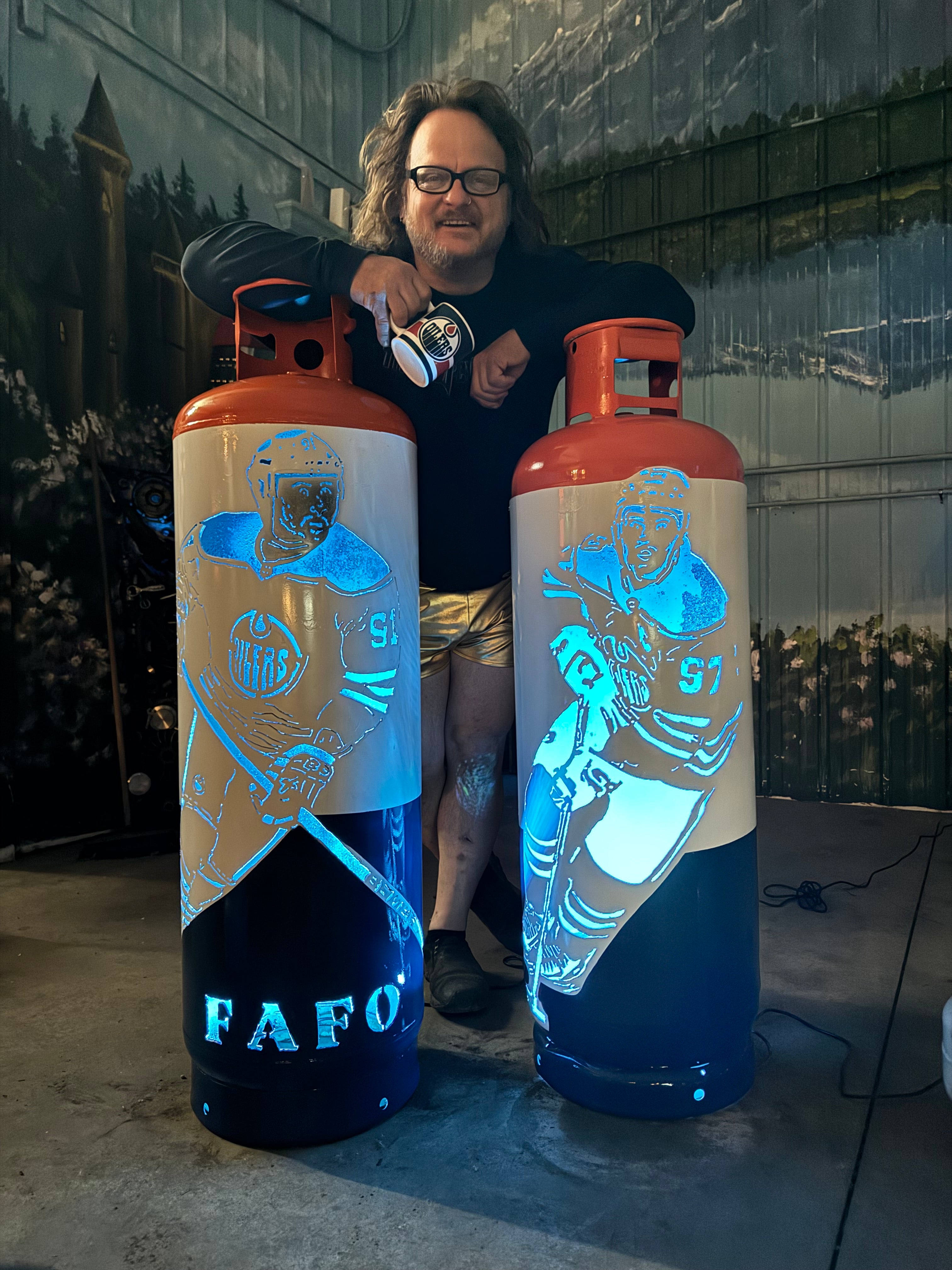 100lb Upcycled Patio Lantern, Hockey Player