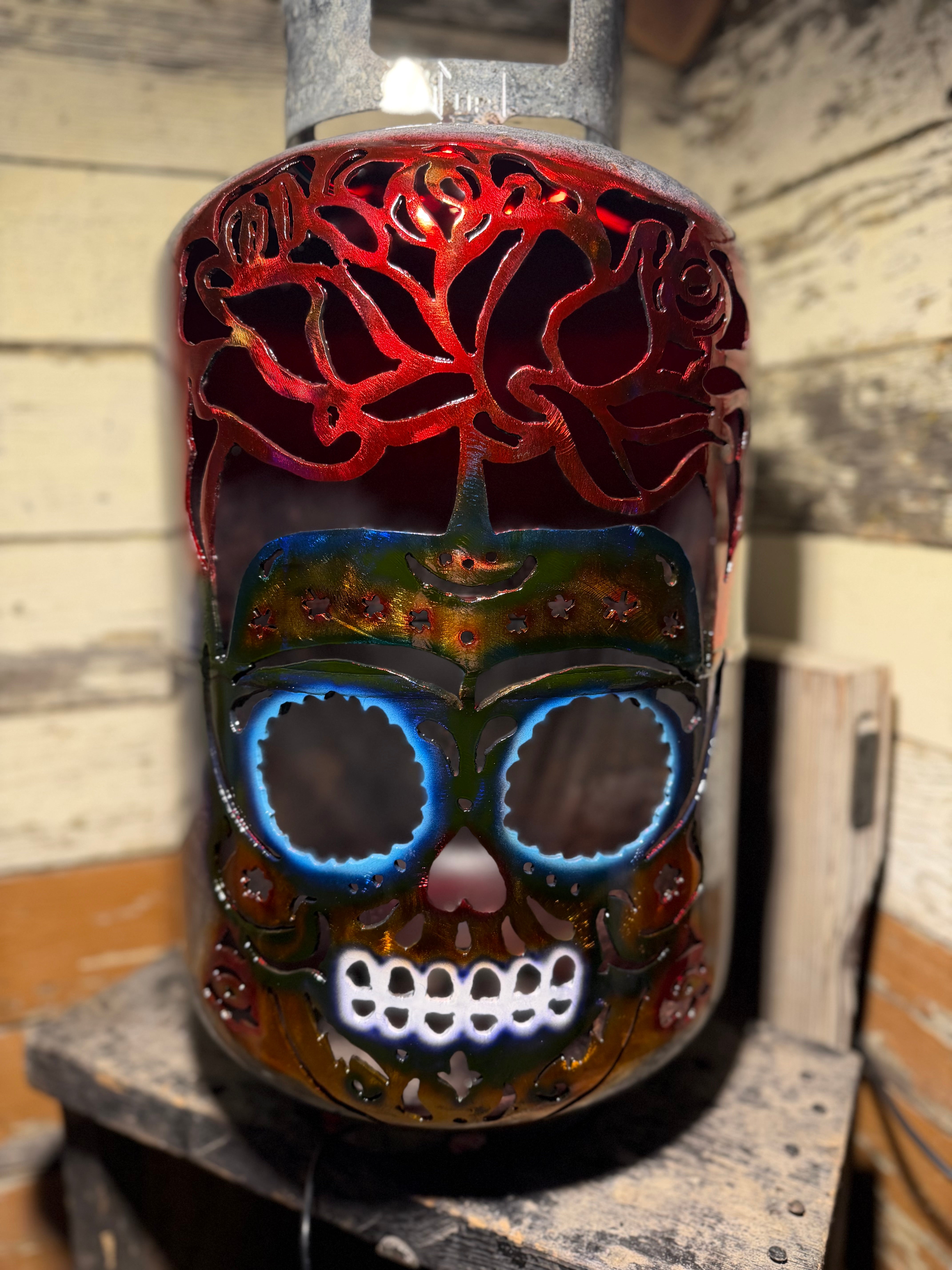 30lb Upcycled Patio Lantern, Still - thee Rose Grows Sugar Skull