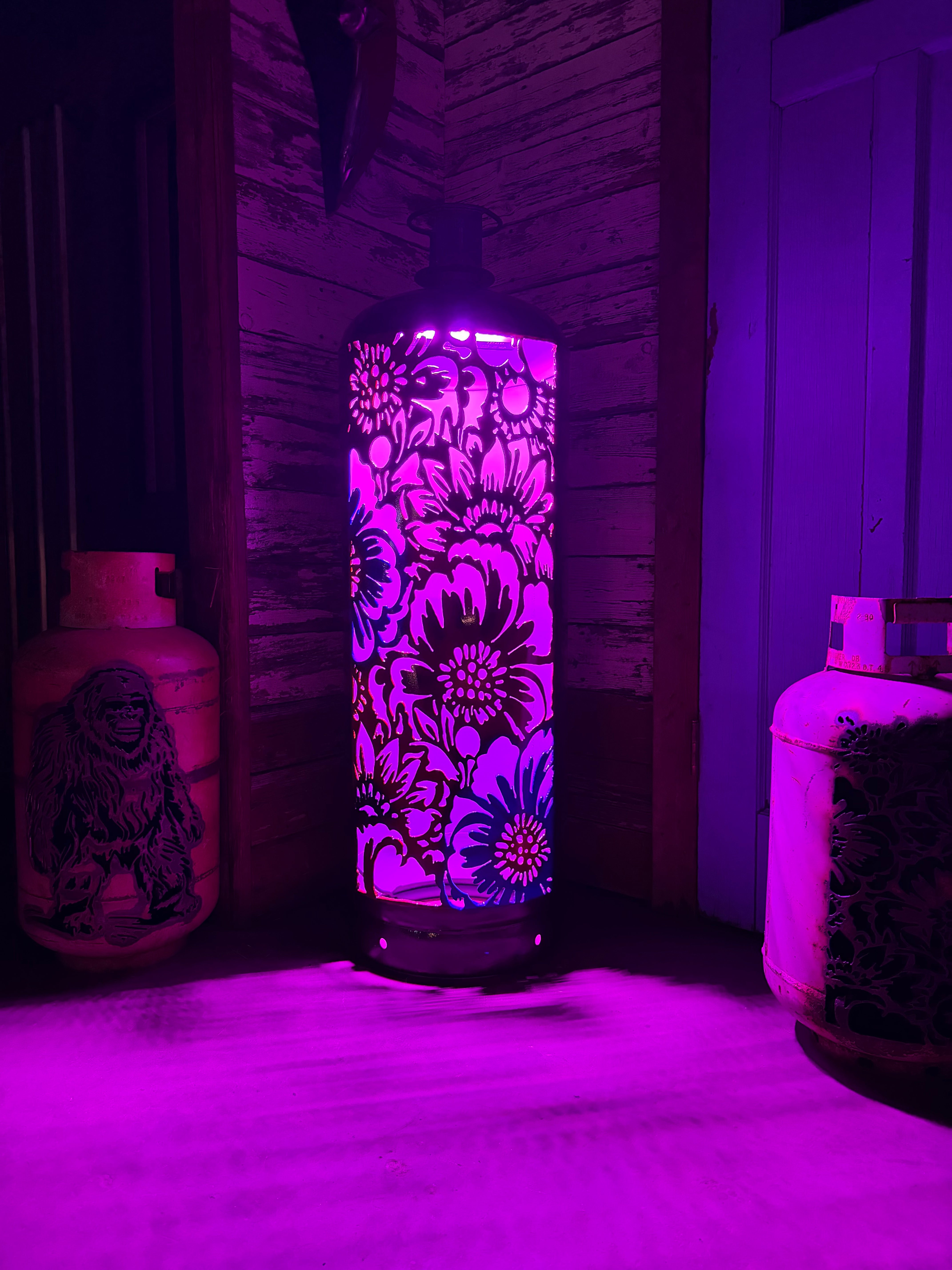 M100lb Upcycled Patio Lantern, Midnight Bloom Floral Airbrushed