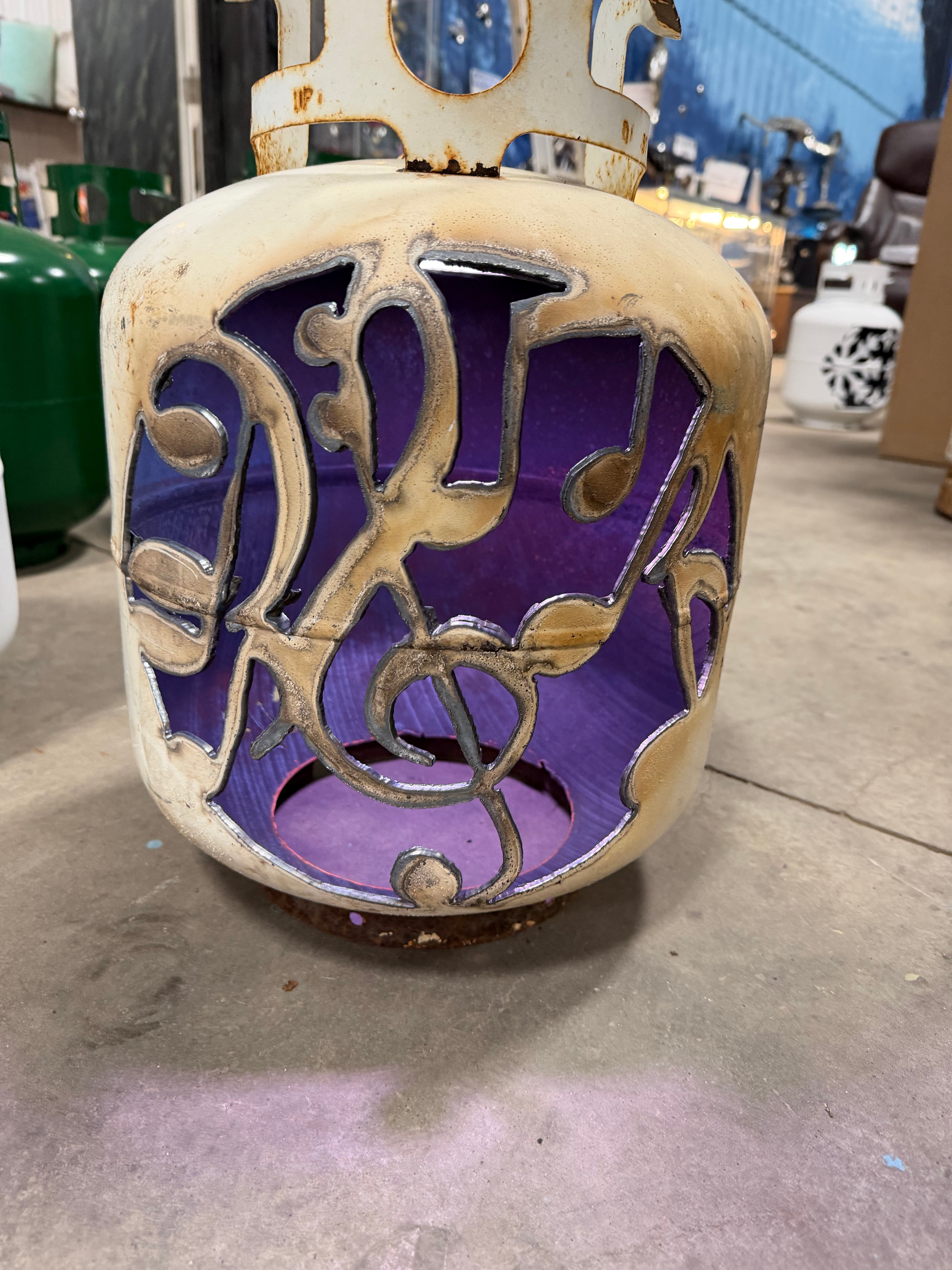 20lb Upcycled Patio Lantern, Treble-Clef Music Notes Natural Finish