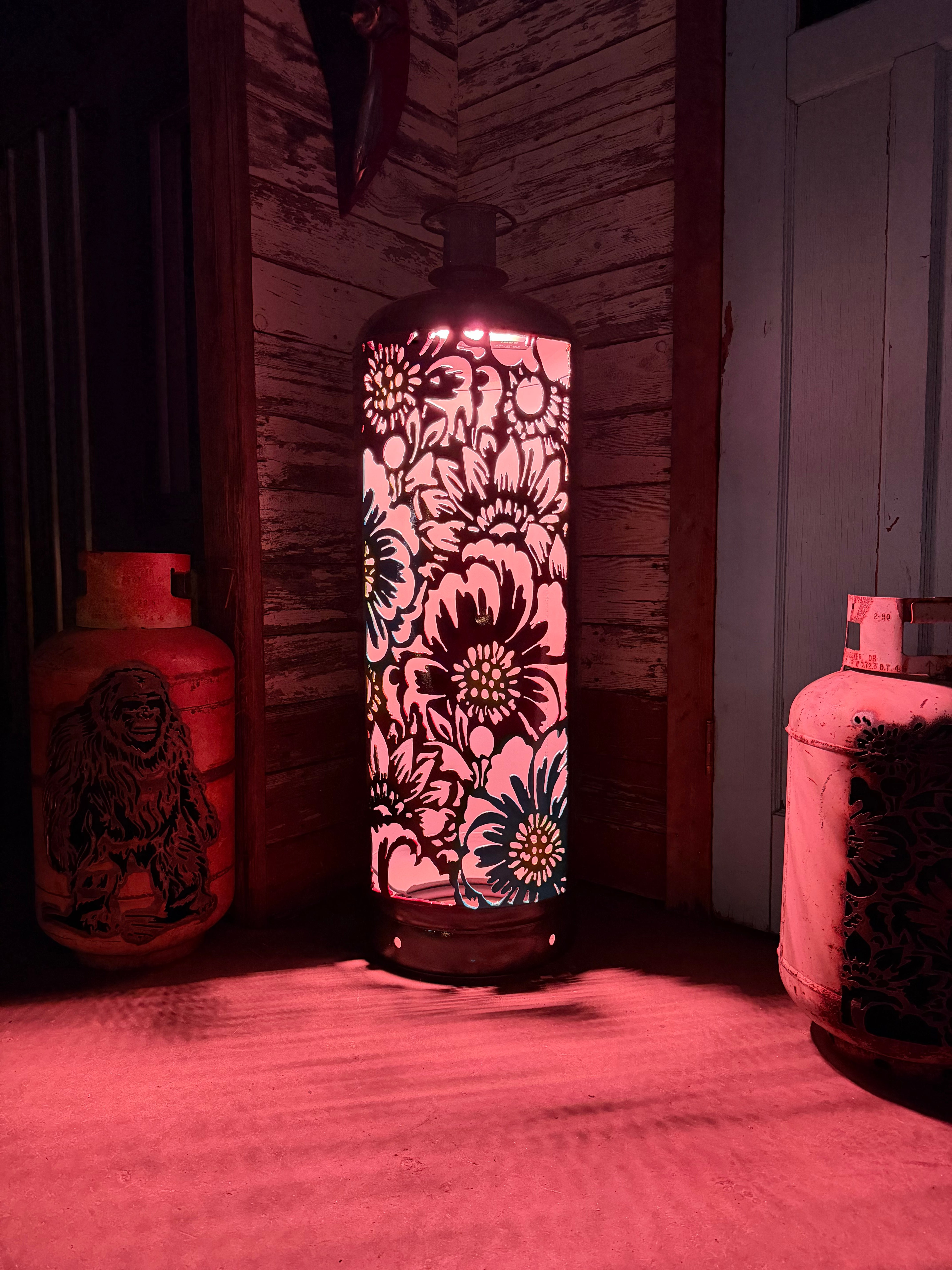 M100lb Upcycled Patio Lantern, Midnight Bloom Floral Airbrushed