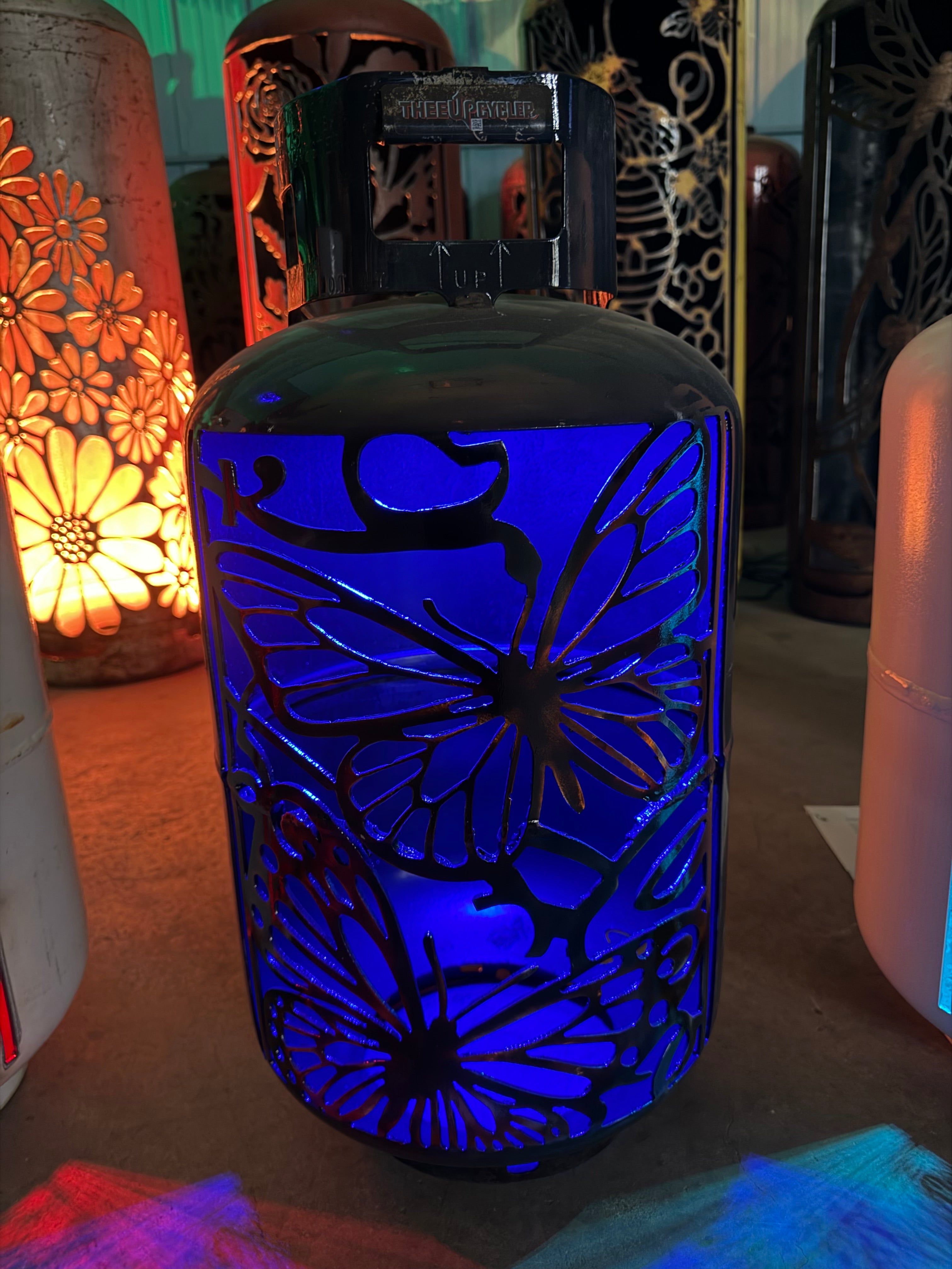 30lb Upcycled Patio Lantern, Mariposa 2 Butterfly Burnt Patina Airbrushed Finish