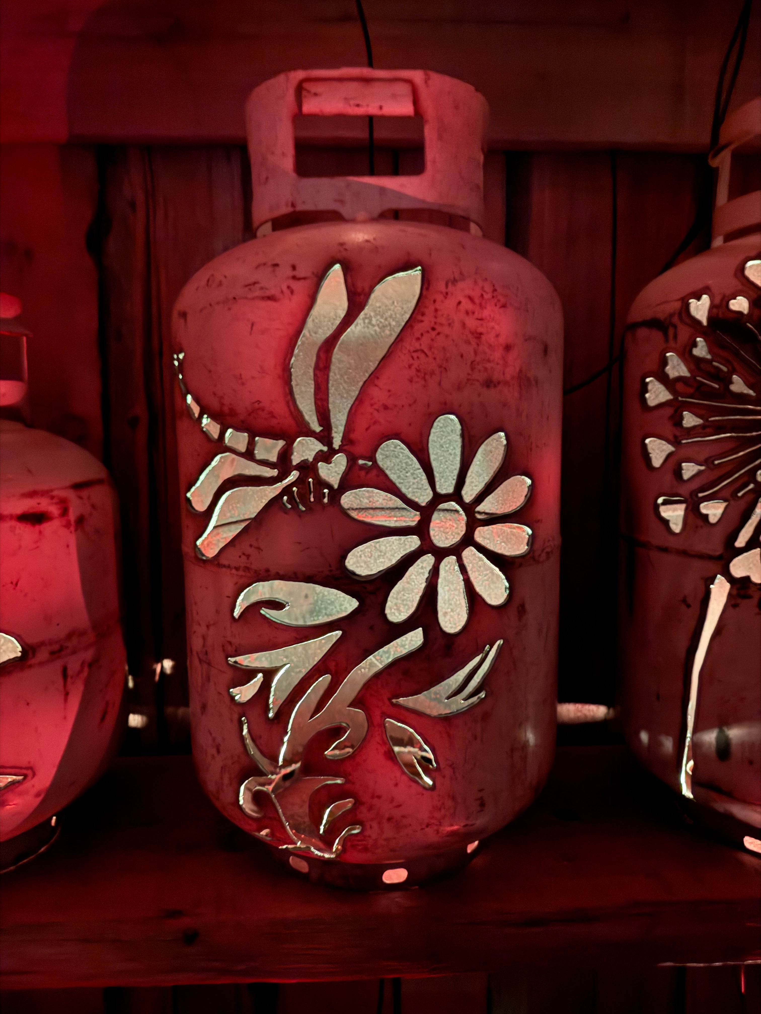 30lb Upcycled Patio Lantern, Dragonfly & Daisy