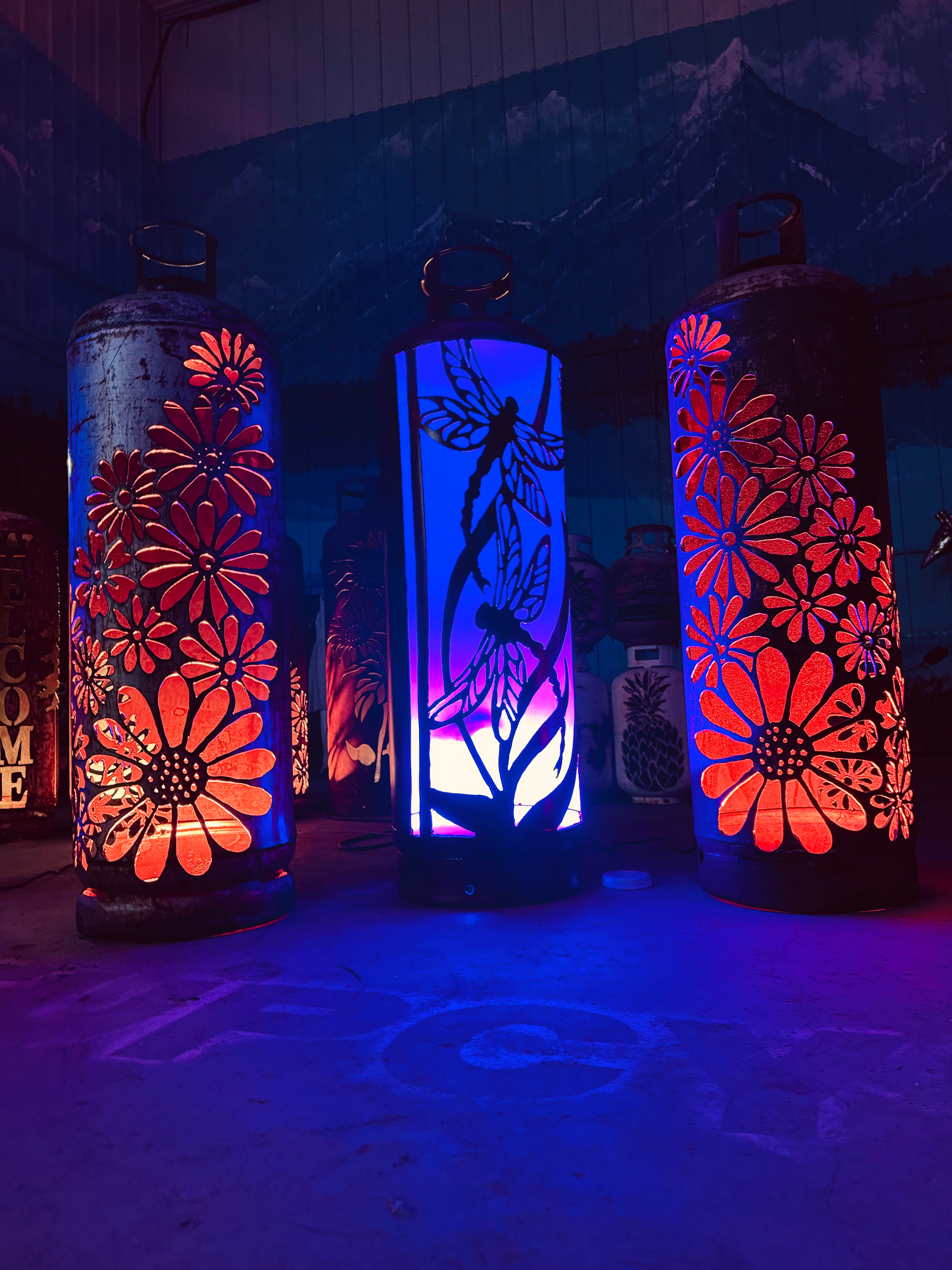 100lb Upcycled Patio Lantern, Left And Right Floral Patina (one of each, dragonfly lantern not included)