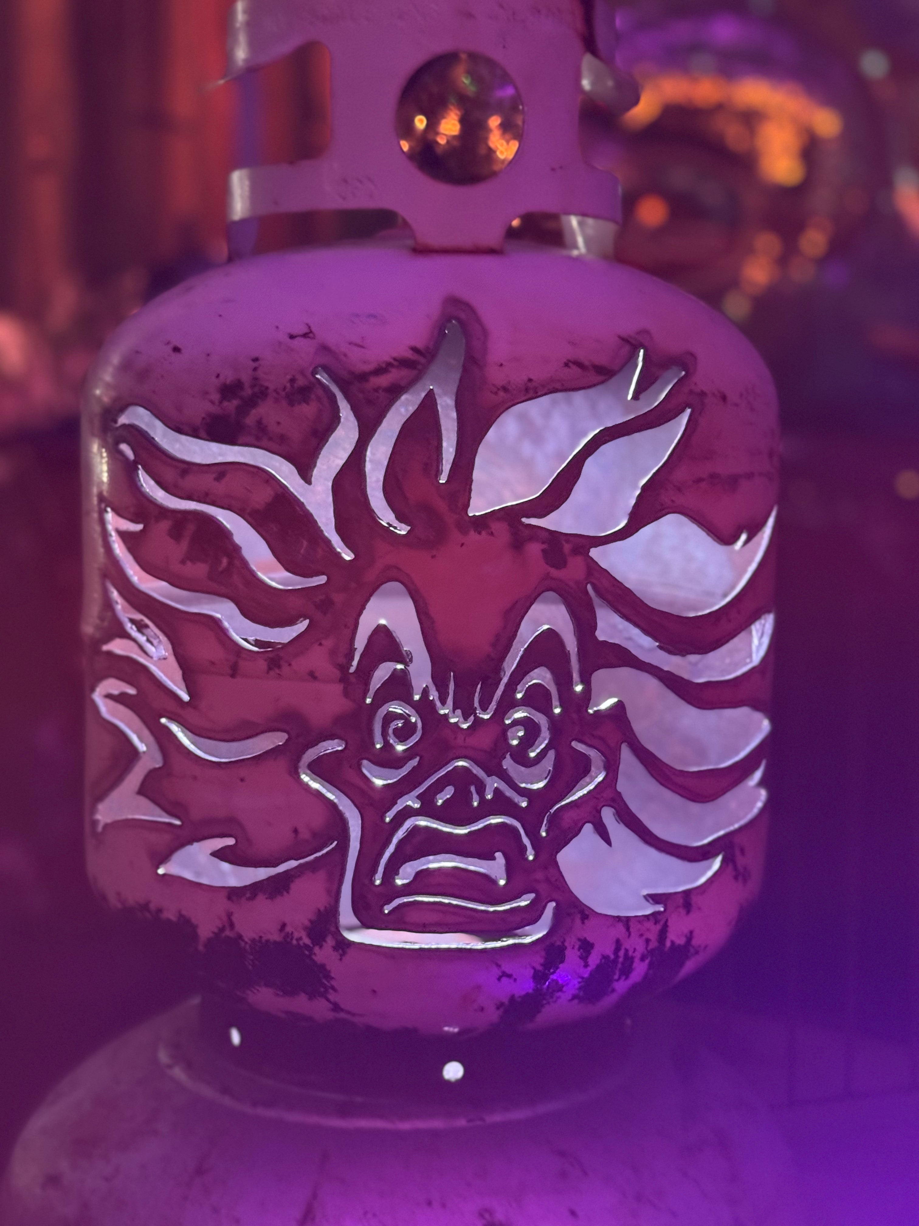 20lb Upcycled Patio Lantern, Cruella Deville Halloween Natural Finish