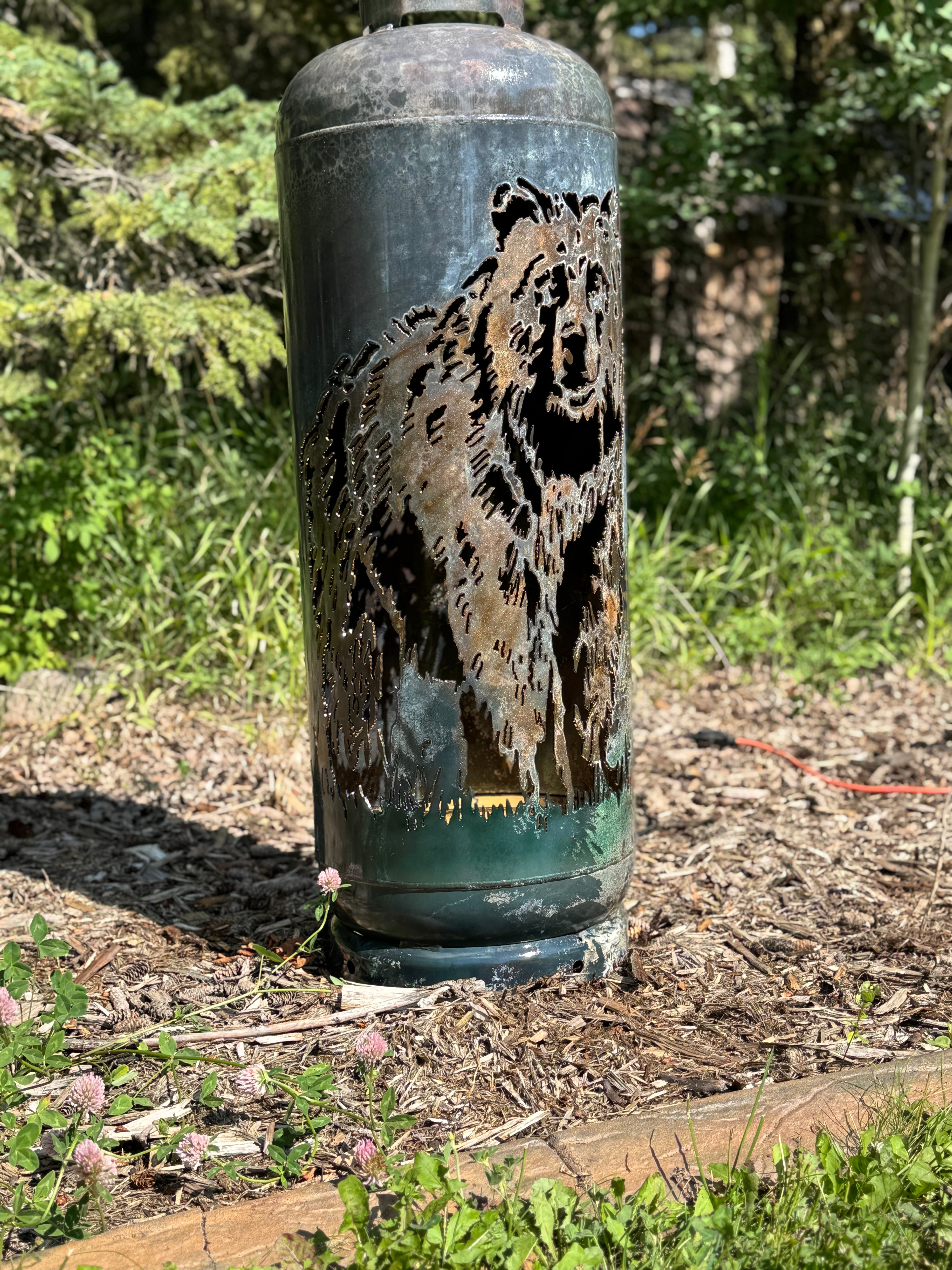 100lb Upcycled Patio Lantern, Grizzly Bear with Burnt Patina finish and airbrushing