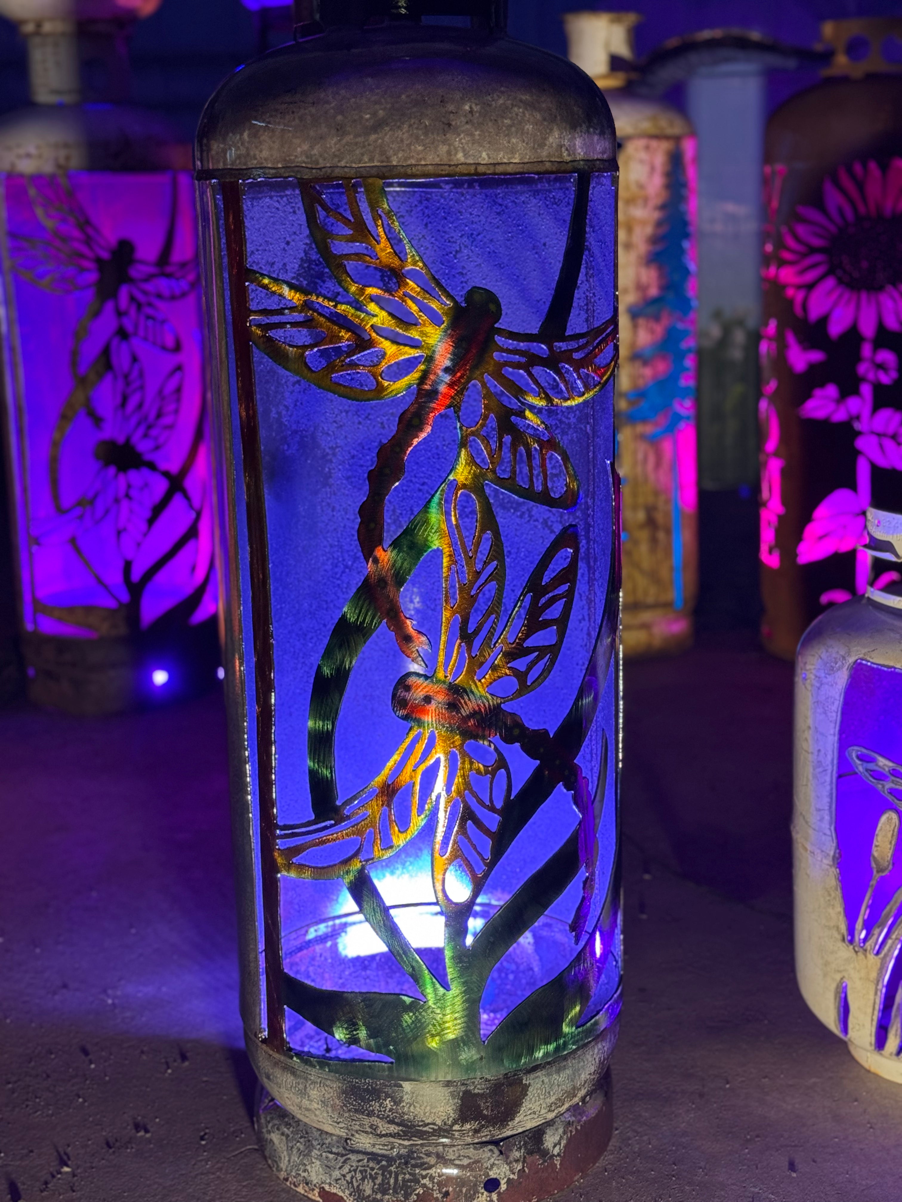 100lb Upcycled Patio Lantern, Dragonfly AirBrushed Patina