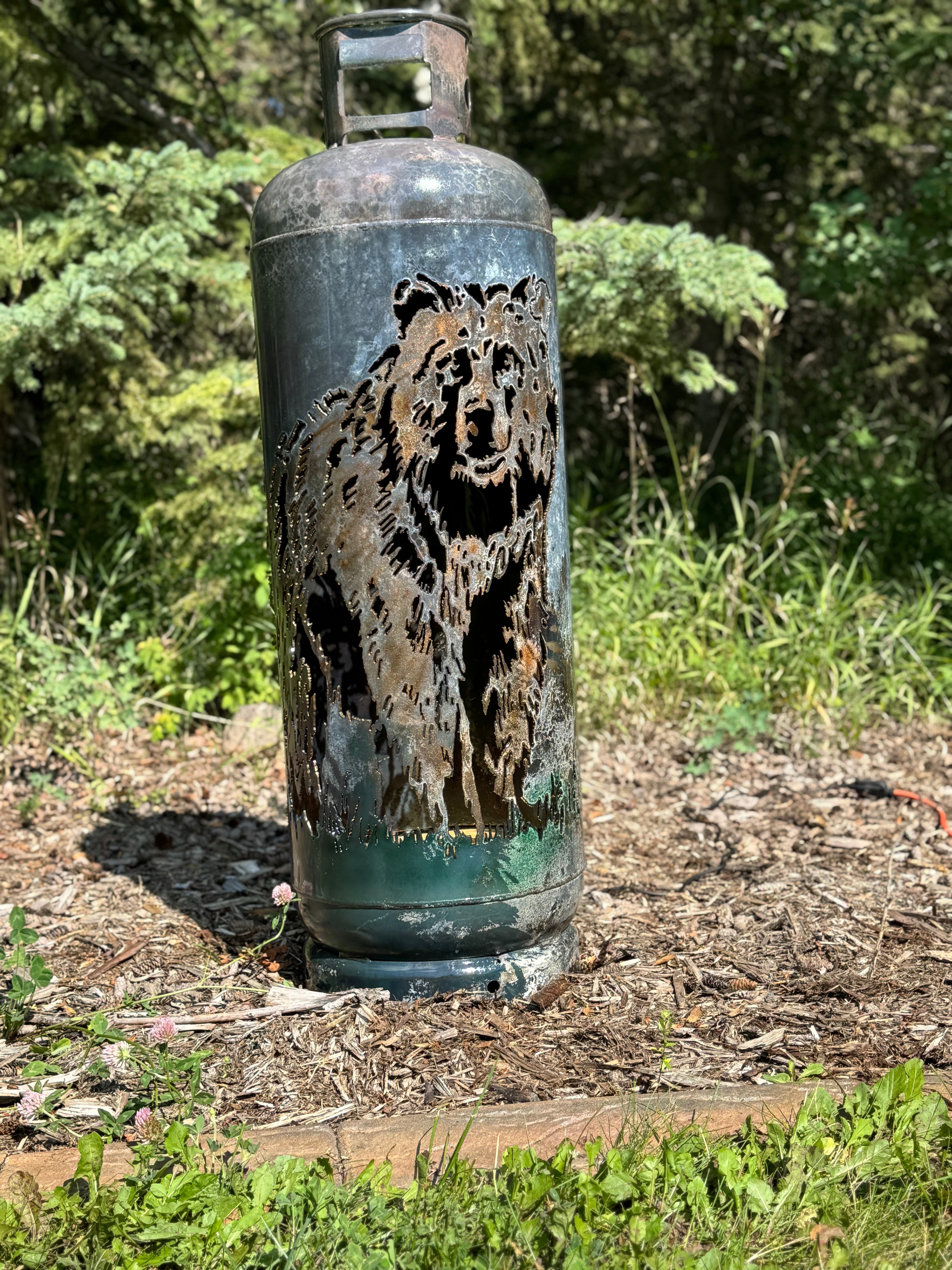 100lb Upcycled Patio Lantern, Grizzly Bear with *Burnt Patina finish and airbrushing*