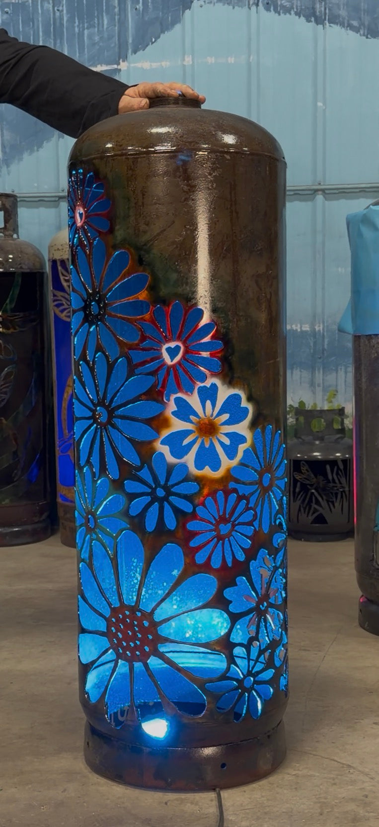 100lb Upcycled Patio Lantern, Floral Wrap Airbrush Patina
