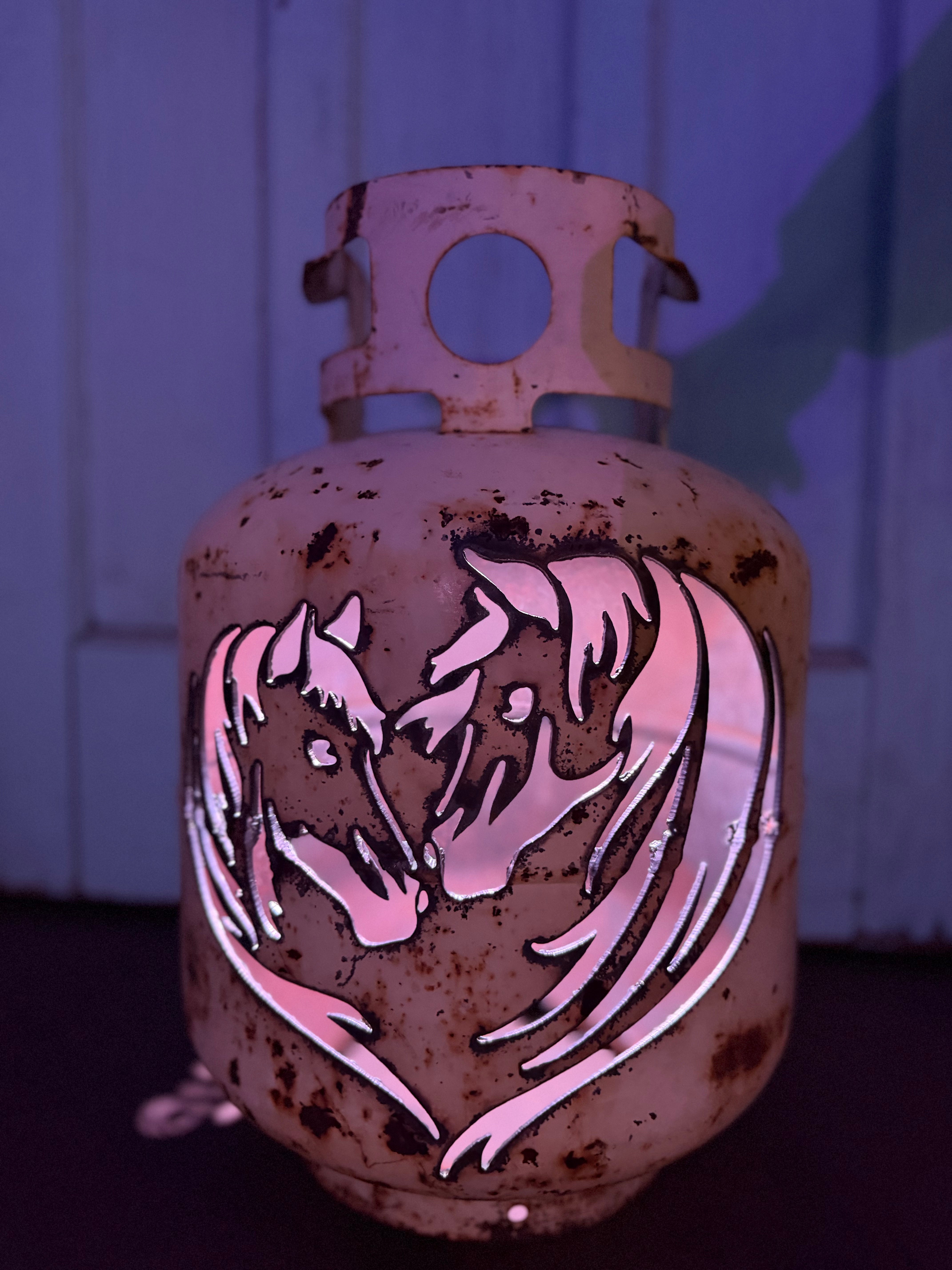 20lb Upcycled Patio Lantern, Horse Hearts Tug and Timmy Natural Finish