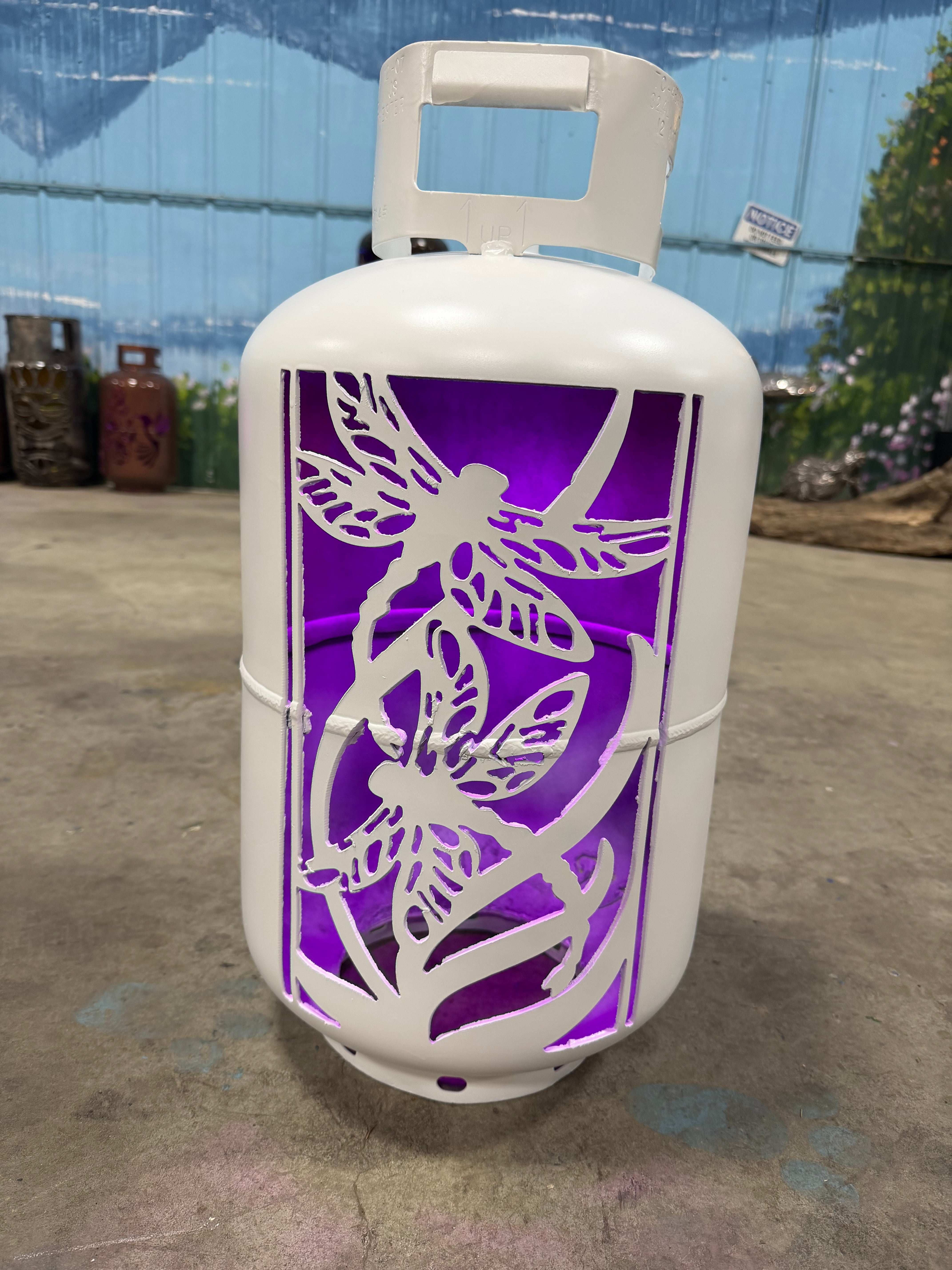 30lb Upcycled Patio Lantern, Double Dragonfly Painted White