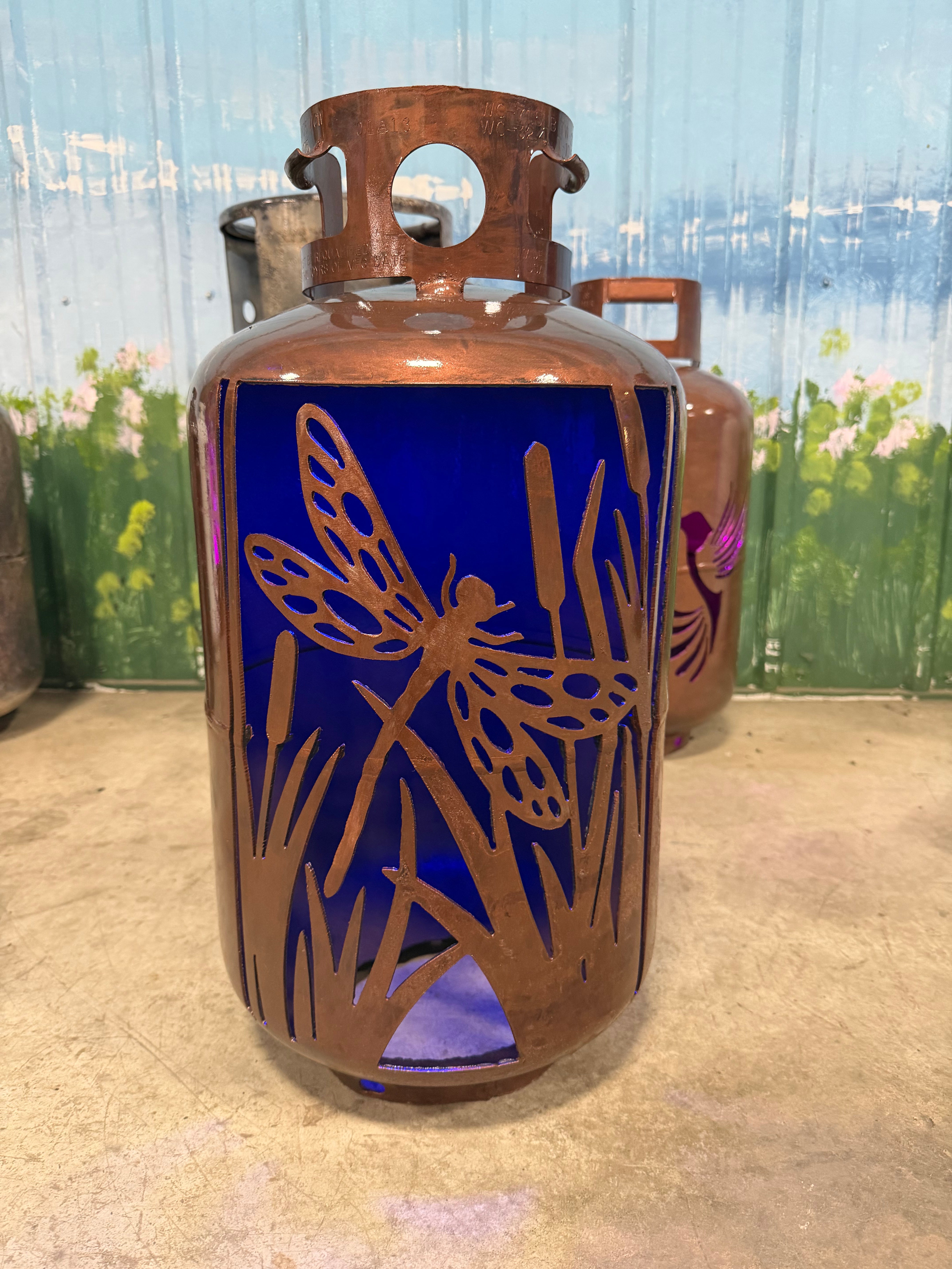 30lb Upcycled Patio Lantern, Single Dragonfly Copper Patina