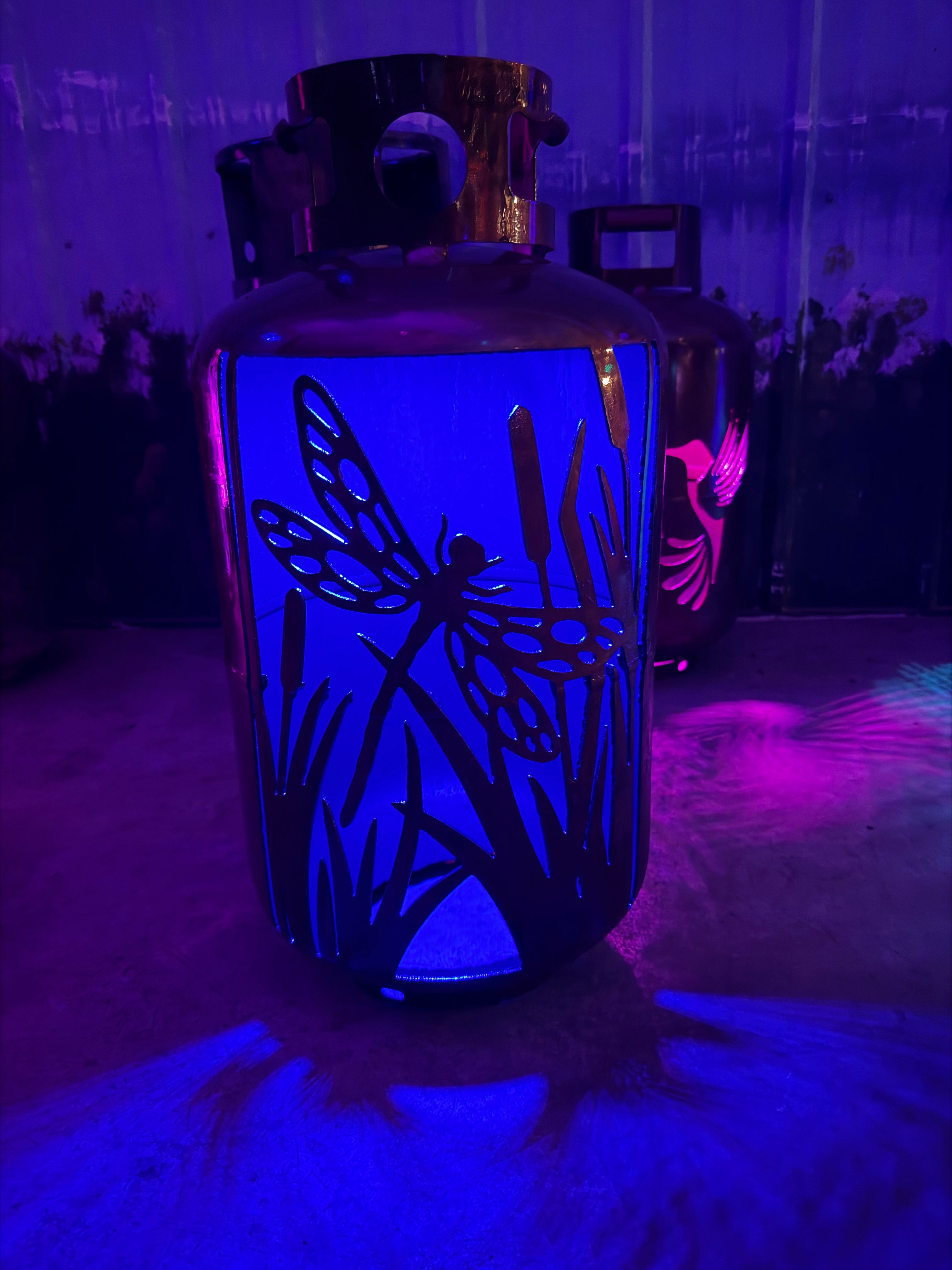30lb Upcycled Patio Lantern, Single Dragonfly Copper Patina