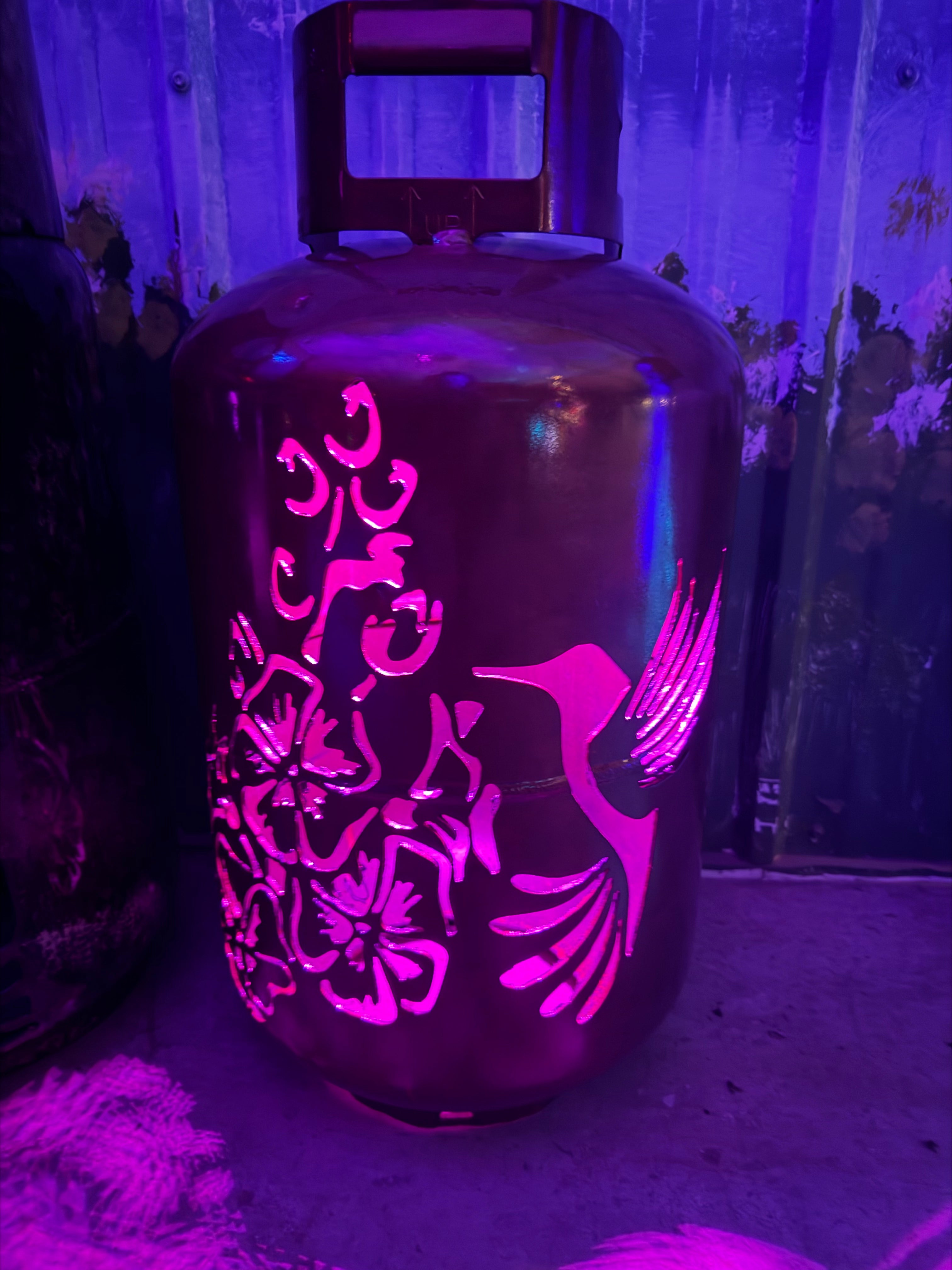 30lb Upcycled Patio Lantern, Hummingbird Hibiscus Copper Patina