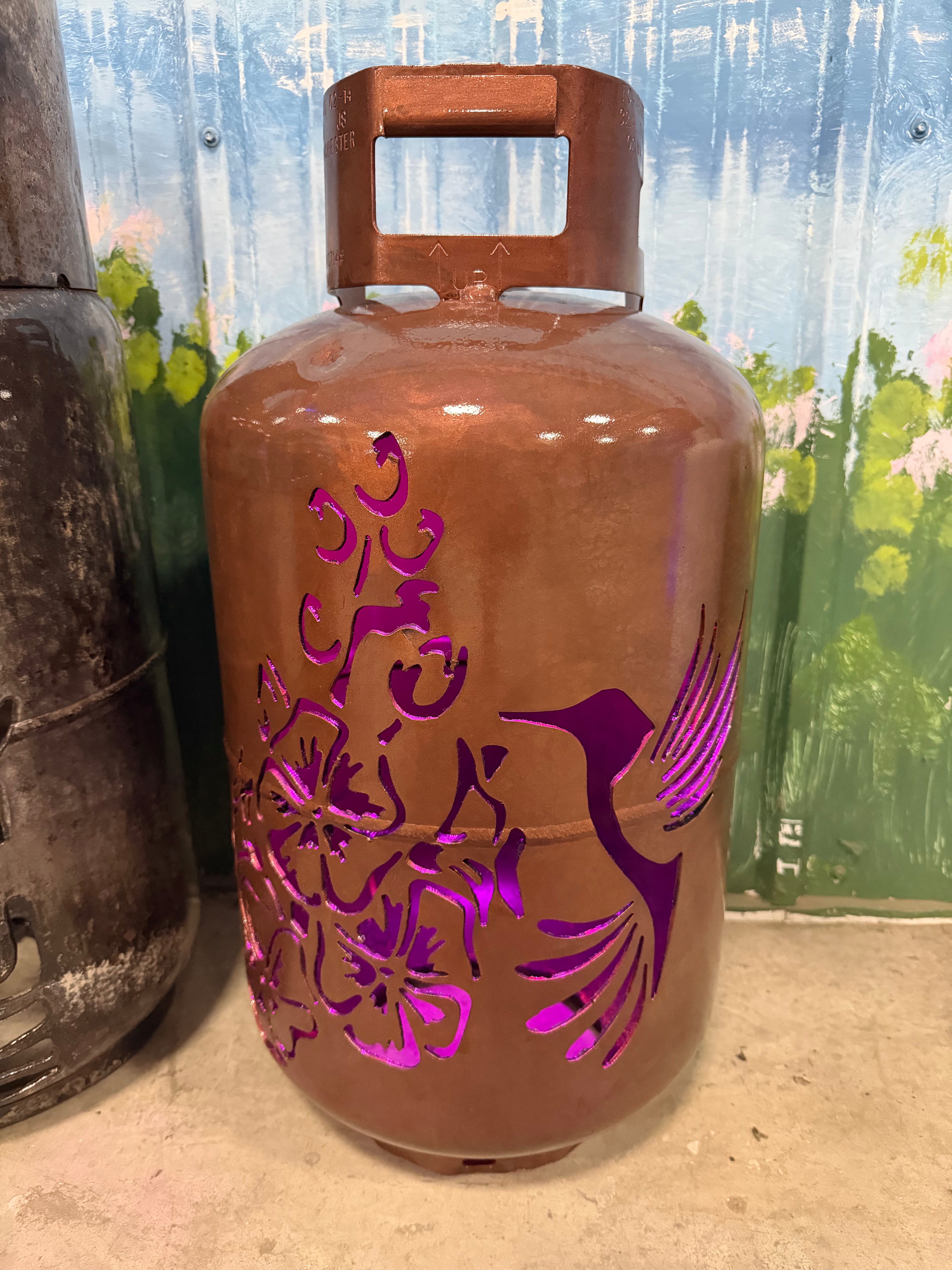 30lb Upcycled Patio Lantern, Hummingbird Hibiscus Copper Patina