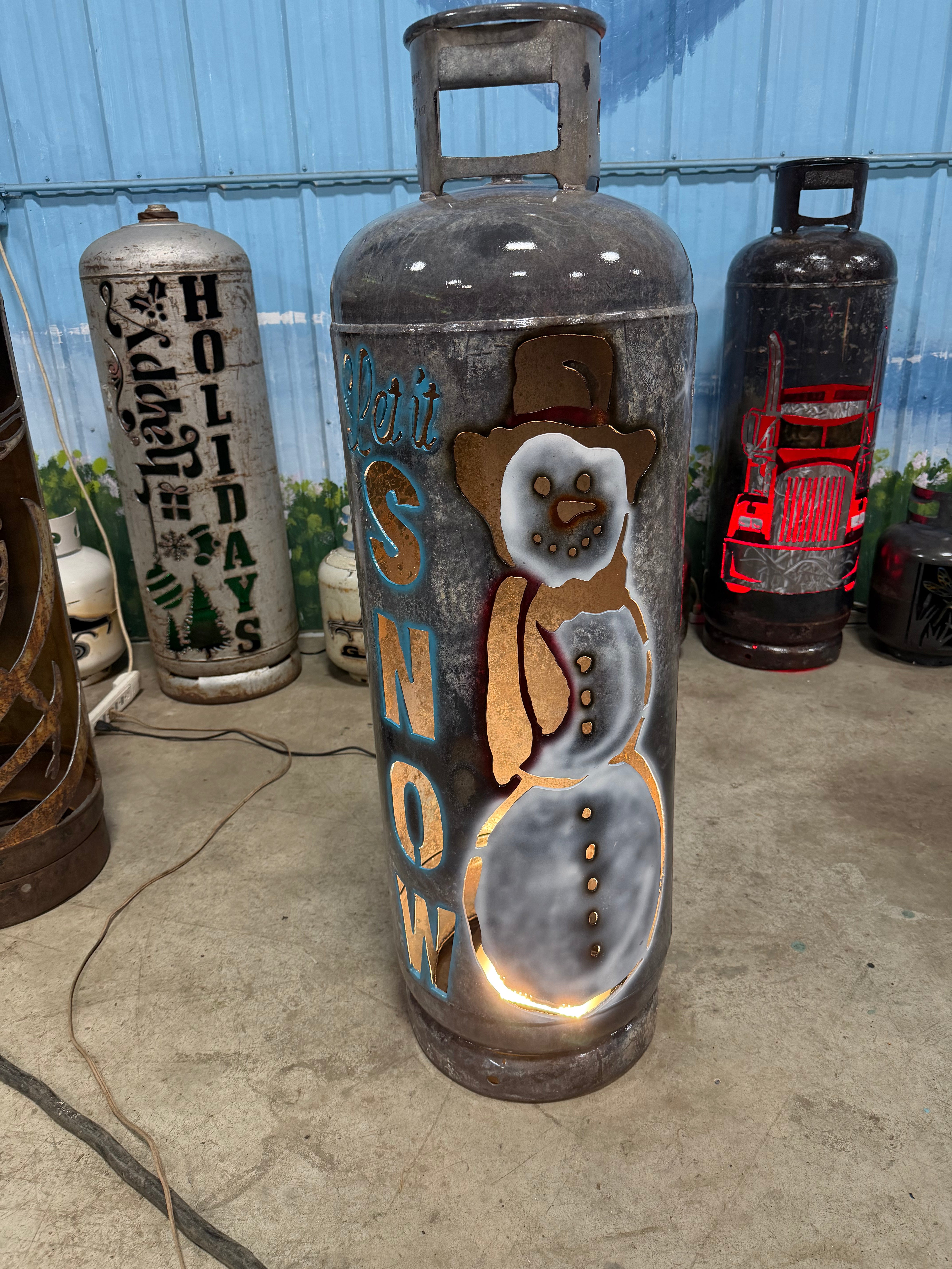 100lb Upcycled Patio Lantern, Let It Snow Snowman Airbrush Patina