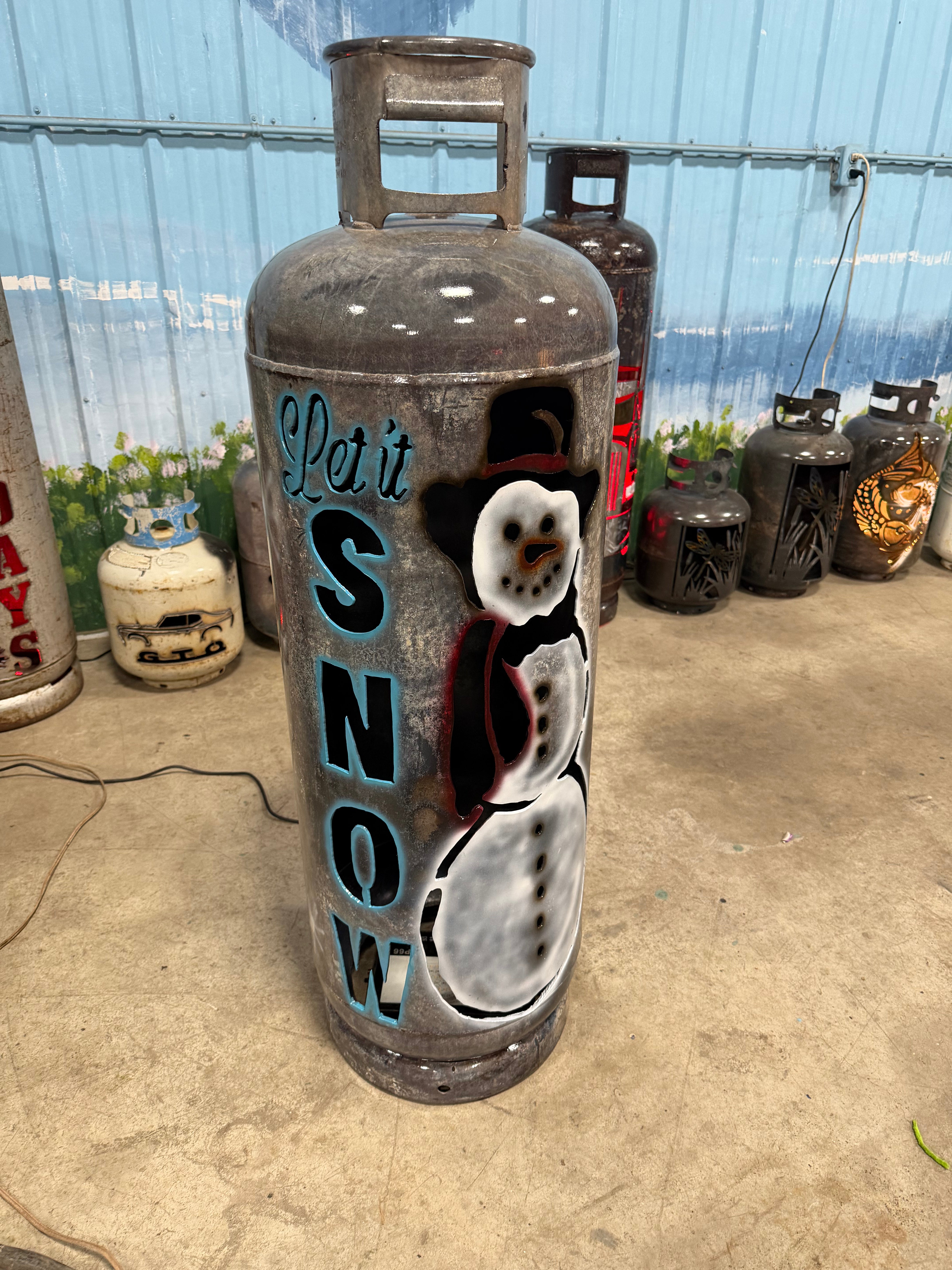 100lb Upcycled Patio Lantern, Let It Snow Snowman Airbrush Patina