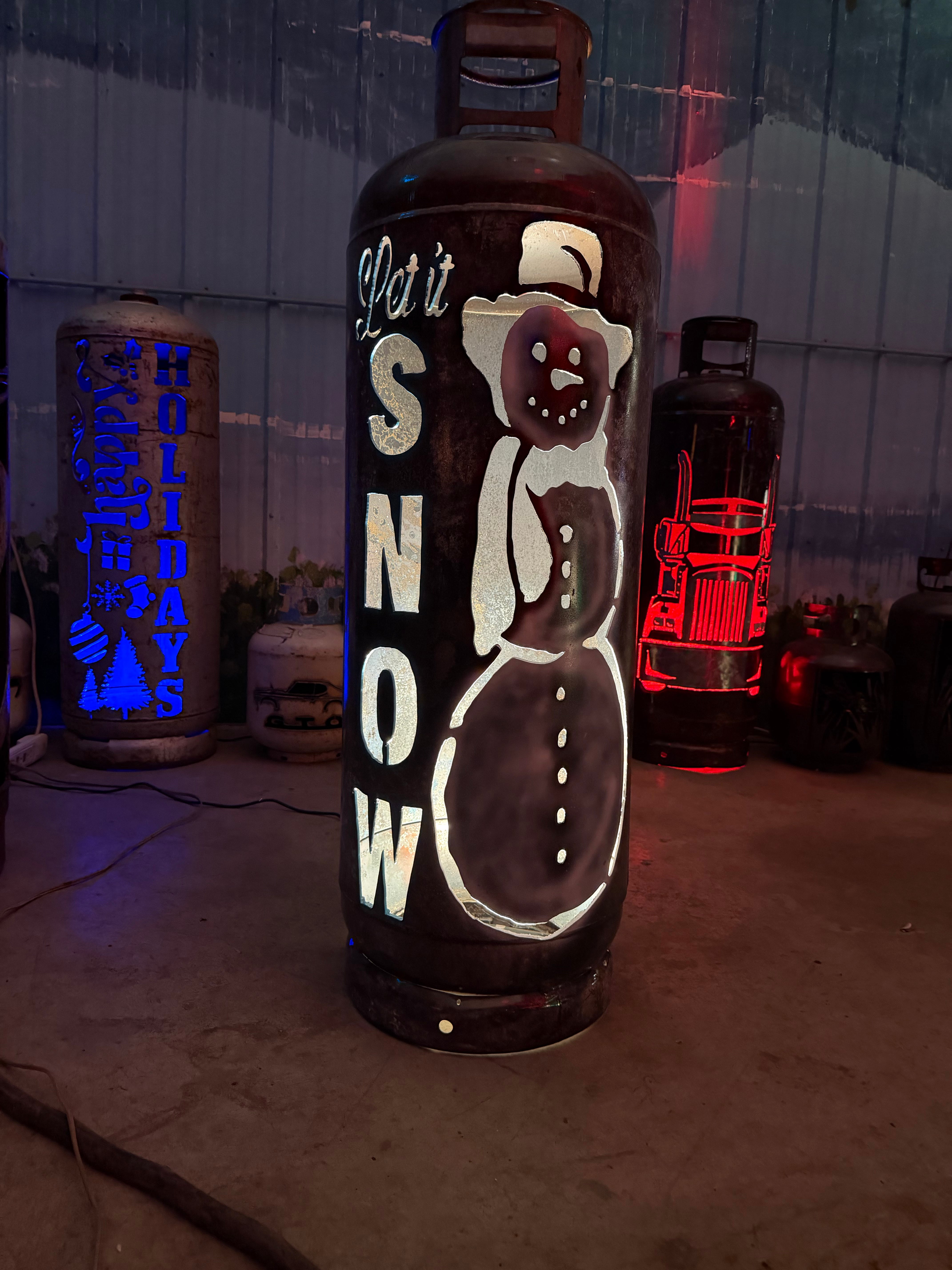 100lb Upcycled Patio Lantern, Let It Snow Snowman Airbrush Patina