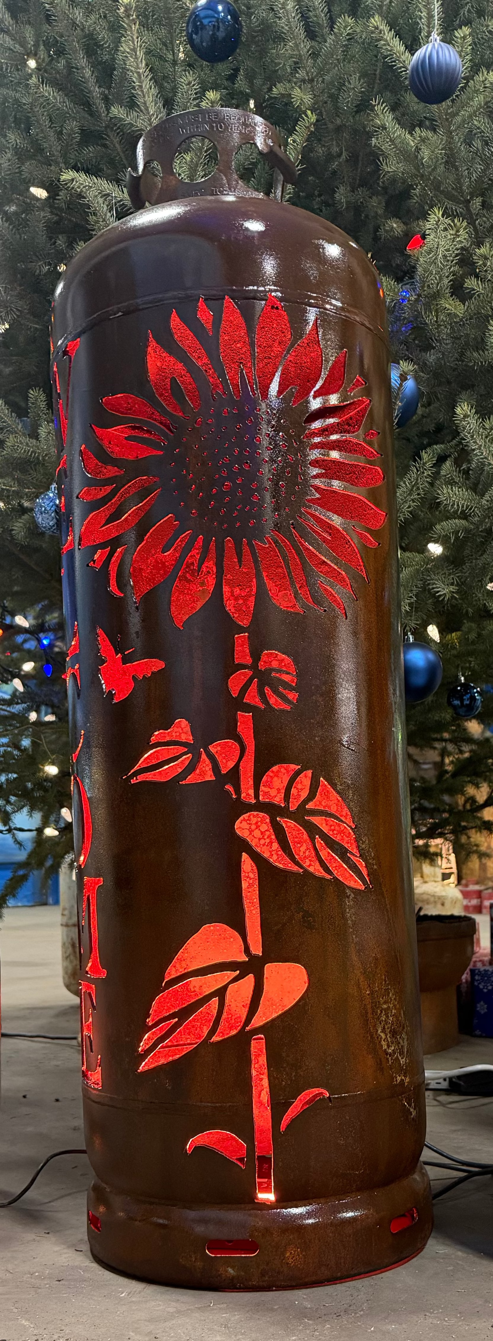 100lb Upcycled Patio Lantern, Welcome Sunflower Rust Patina