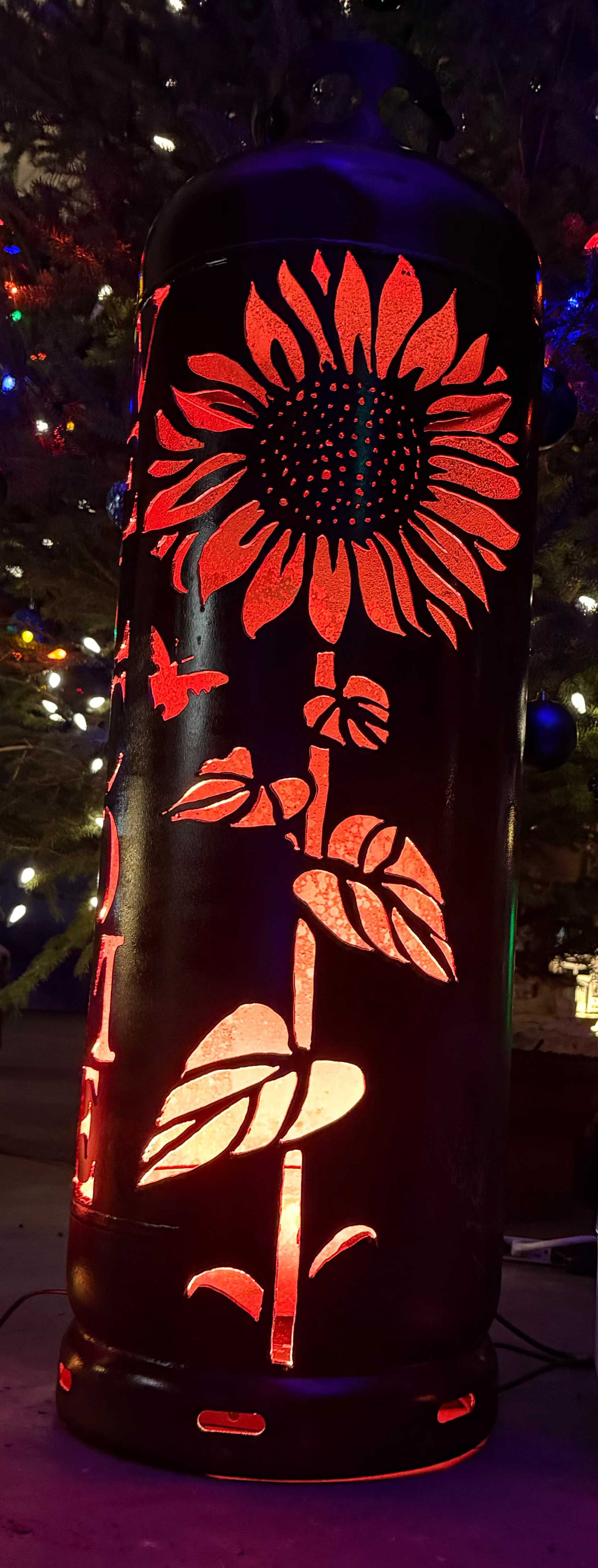 100lb Upcycled Patio Lantern, Welcome Sunflower Rust Patina