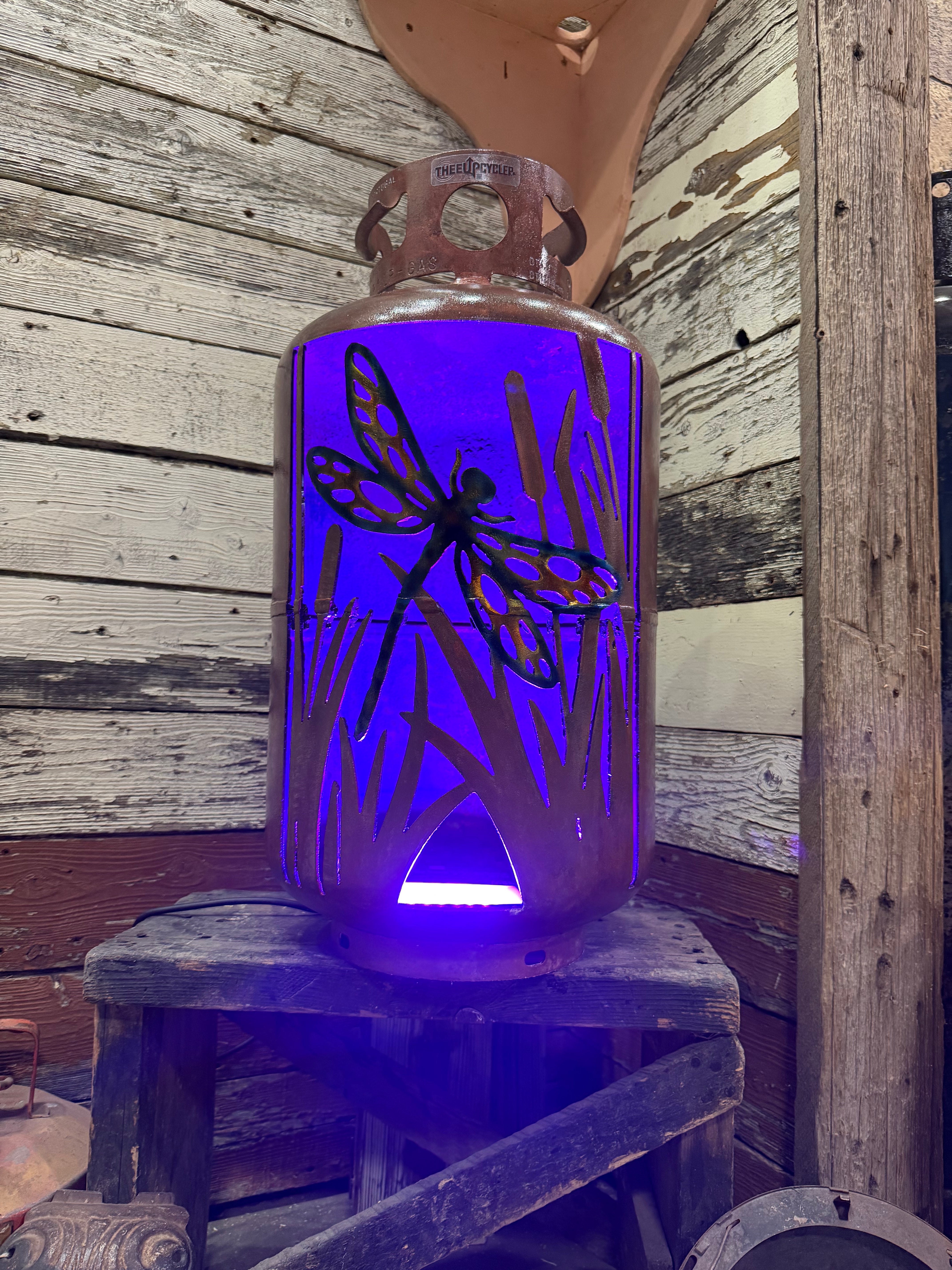 30lb Upcycled Patio Lantern, Dragonfly Cattails Copper Patina with Airbrushed Dragonfly