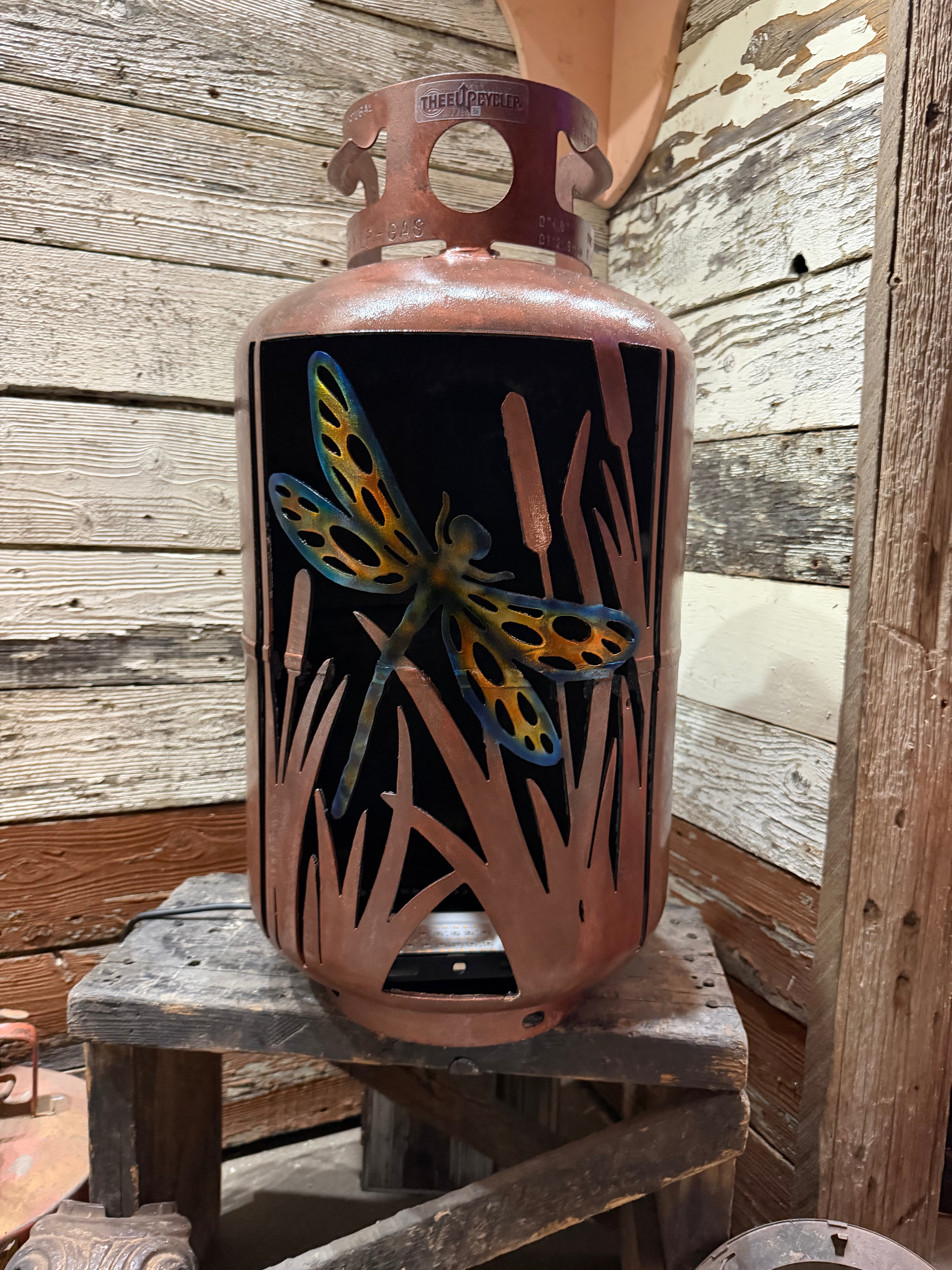 30lb Upcycled Patio Lantern, Dragonfly Cattails Copper Patina with Airbrushed Dragonfly
