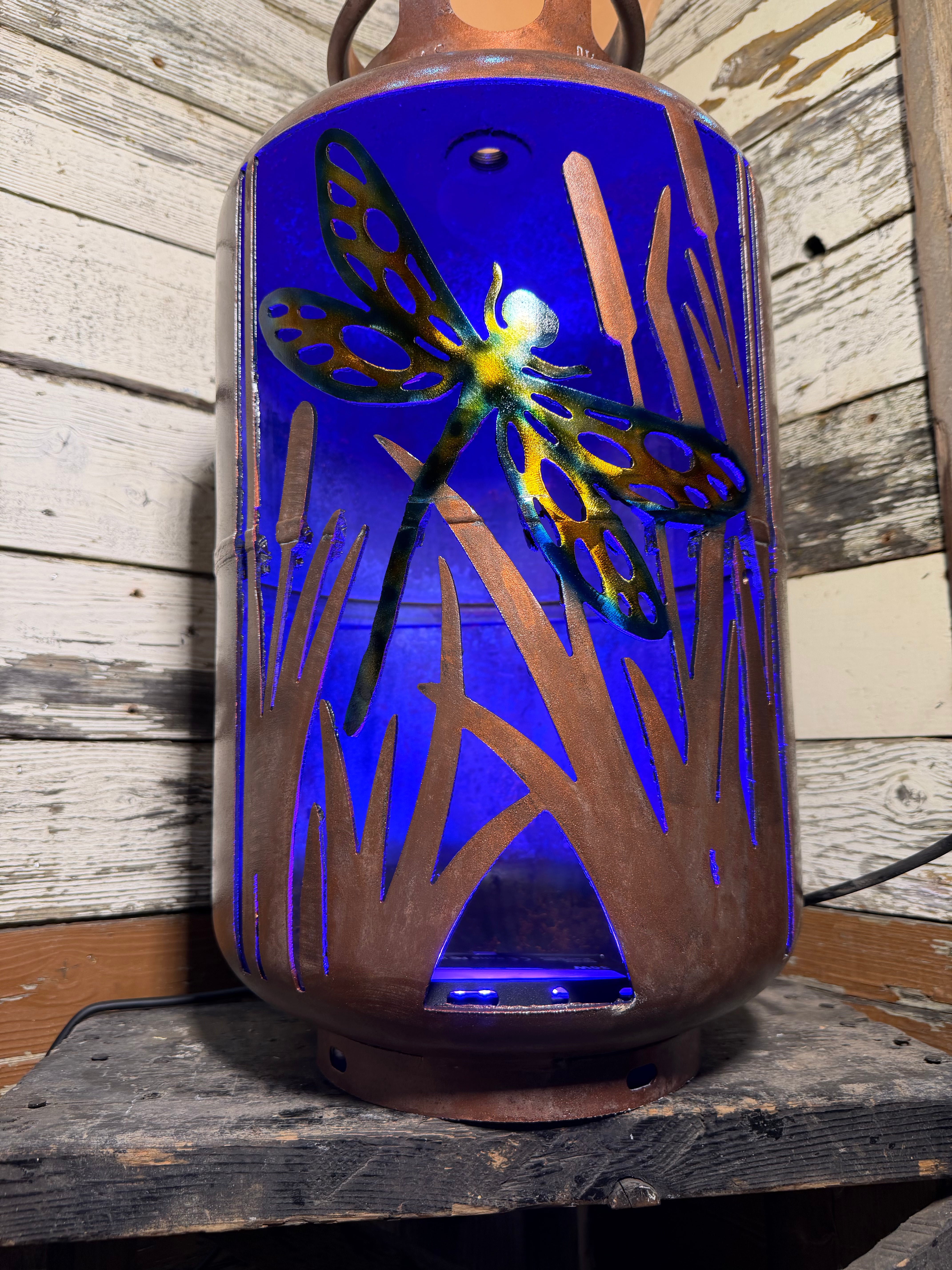 30lb Upcycled Patio Lantern, Dragonfly Cattails Copper Patina with Airbrushed Dragonfly