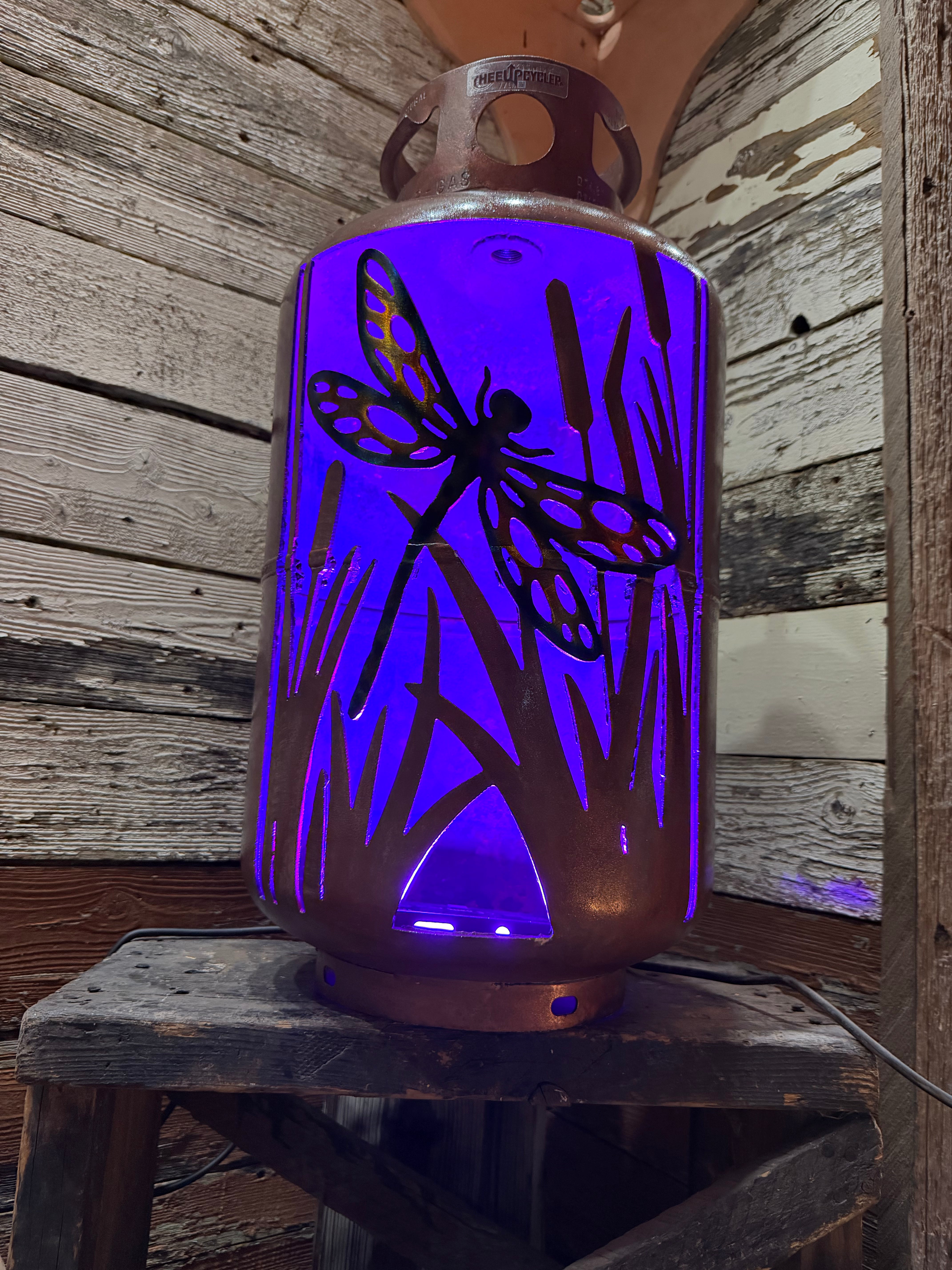 30lb Upcycled Patio Lantern, Dragonfly Cattails Copper Patina with Airbrushed Dragonfly