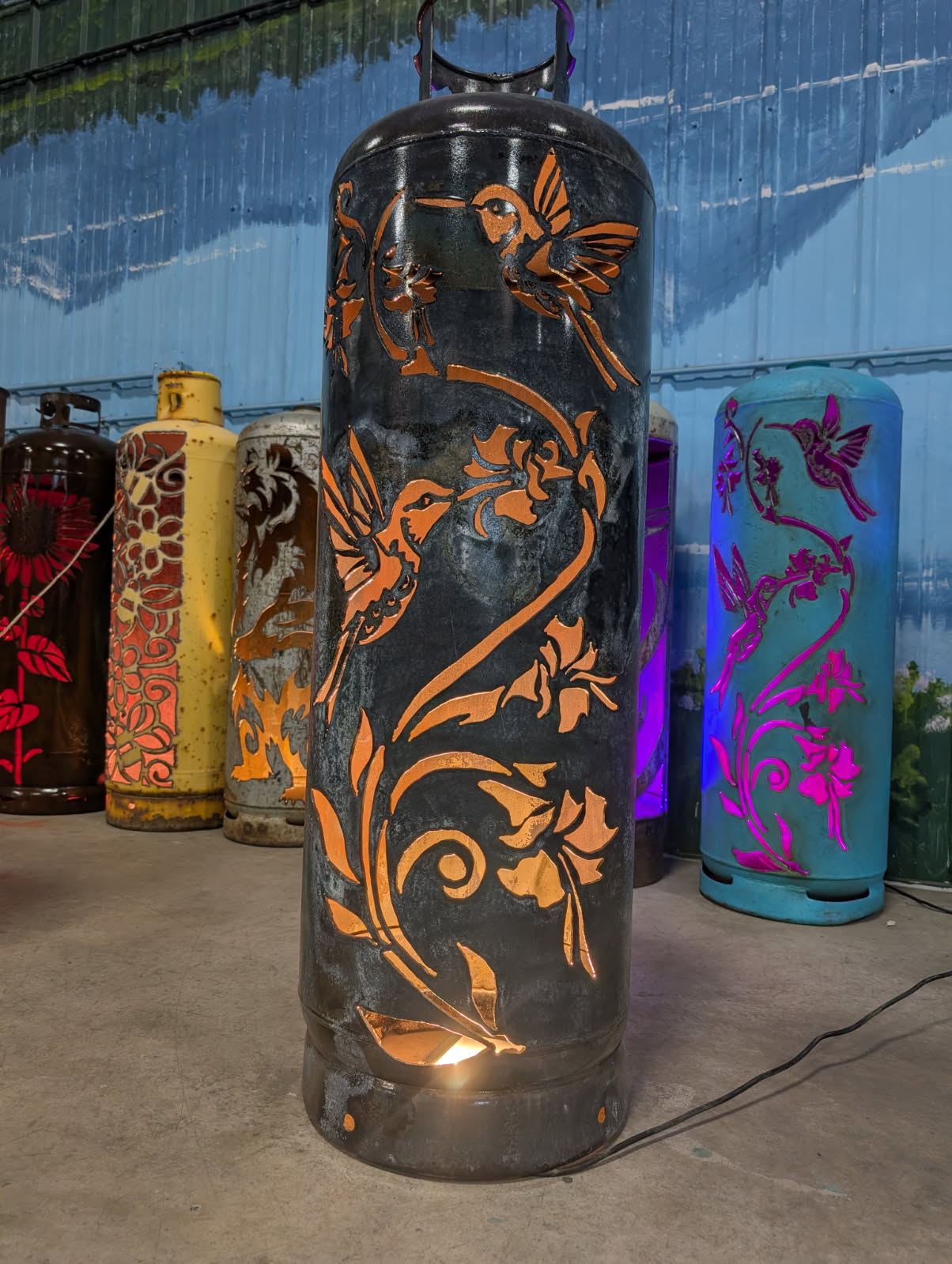 100lb Upcycled Patio Lantern, Hummingbird Burnt Patina