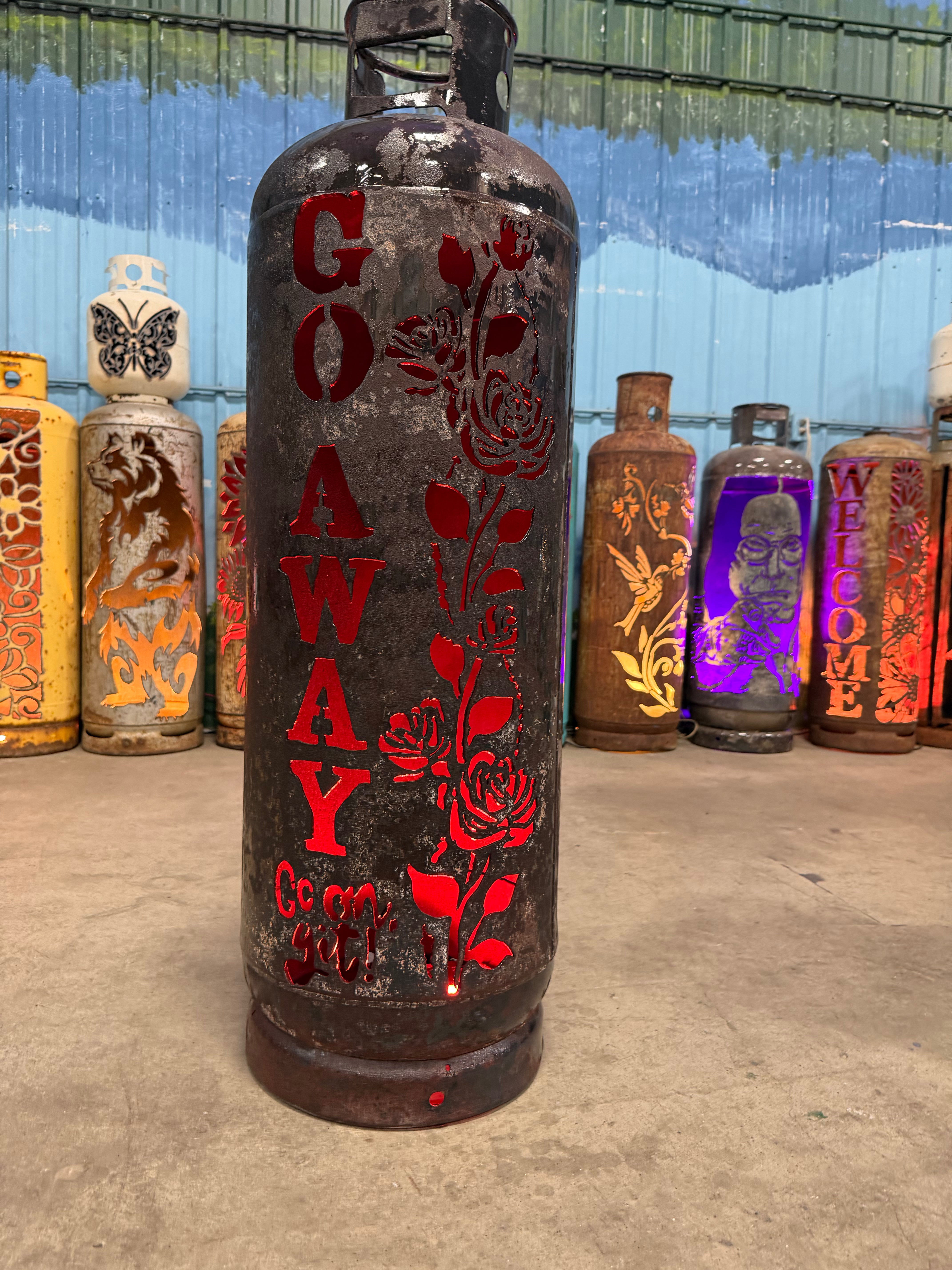 100lb Upcycled Patio Lantern, Go Away, Go On Get! Burnt Patina with Gloss Clear