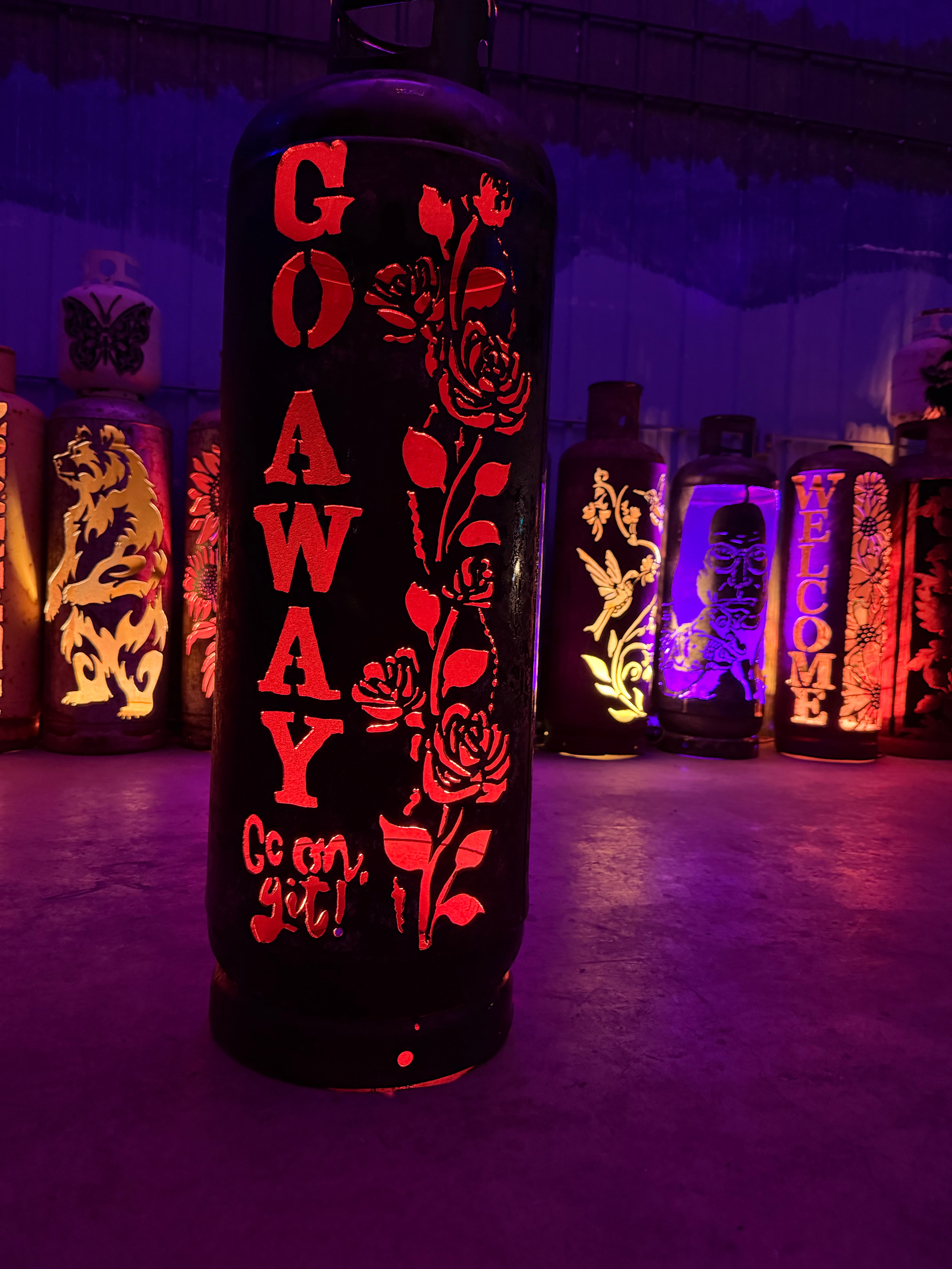 100lb Upcycled Patio Lantern, Go Away, Go On Get! Burnt Patina with Gloss Clear