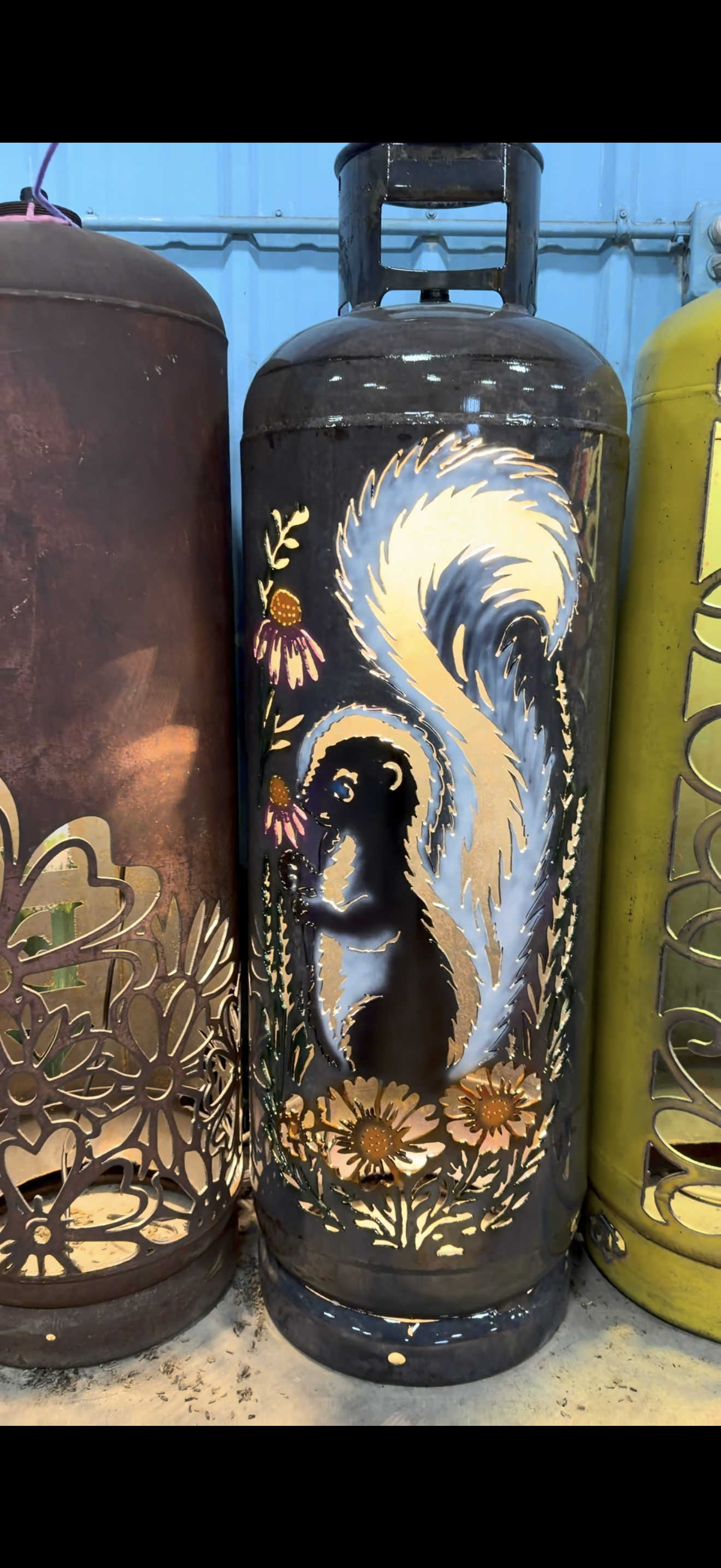 100lb Upcycled Patio Lantern,  Floral Skunk