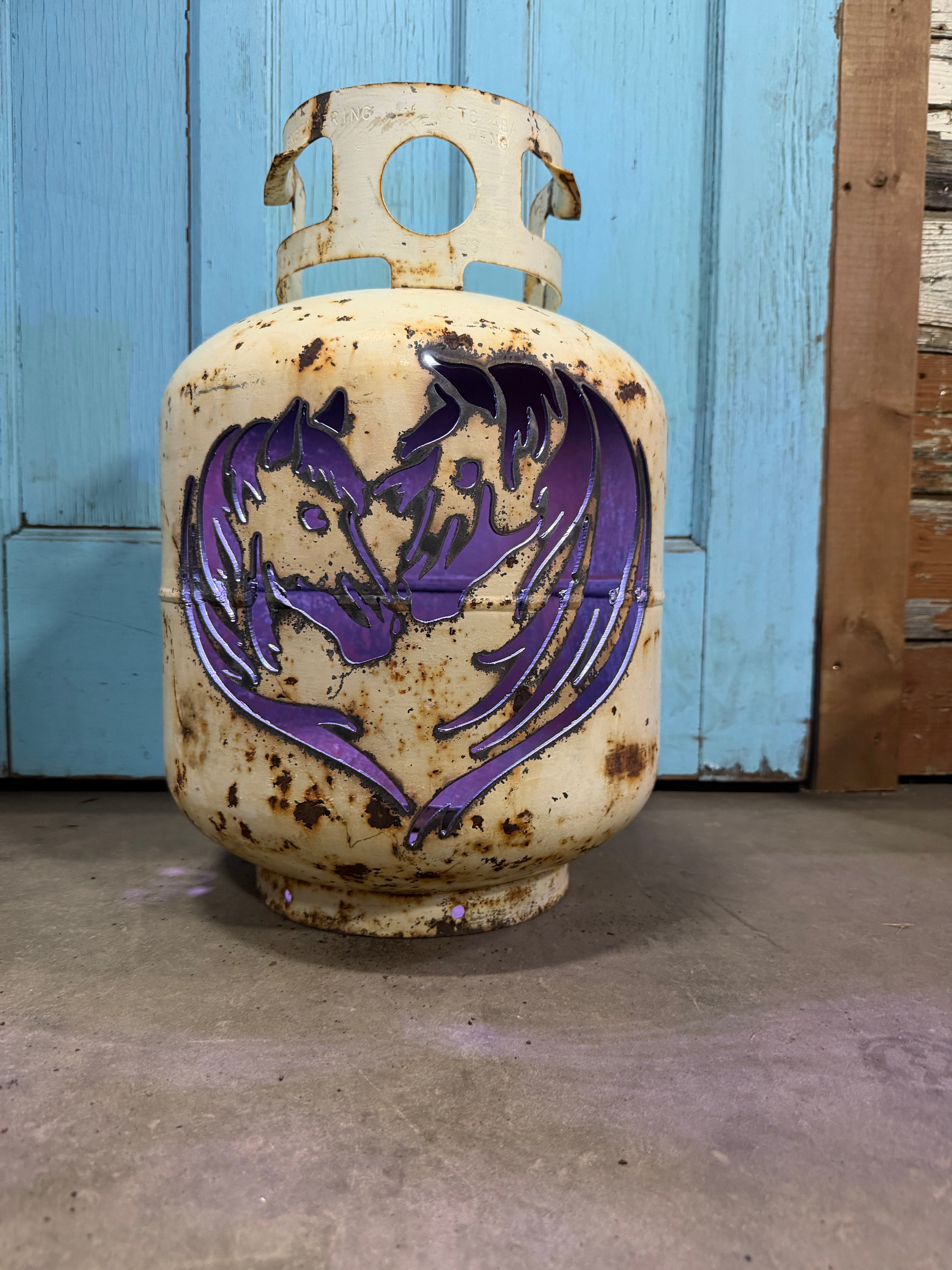 20lb Upcycled Patio Lantern, Horse Hearts Tug and Timmy Natural Finish