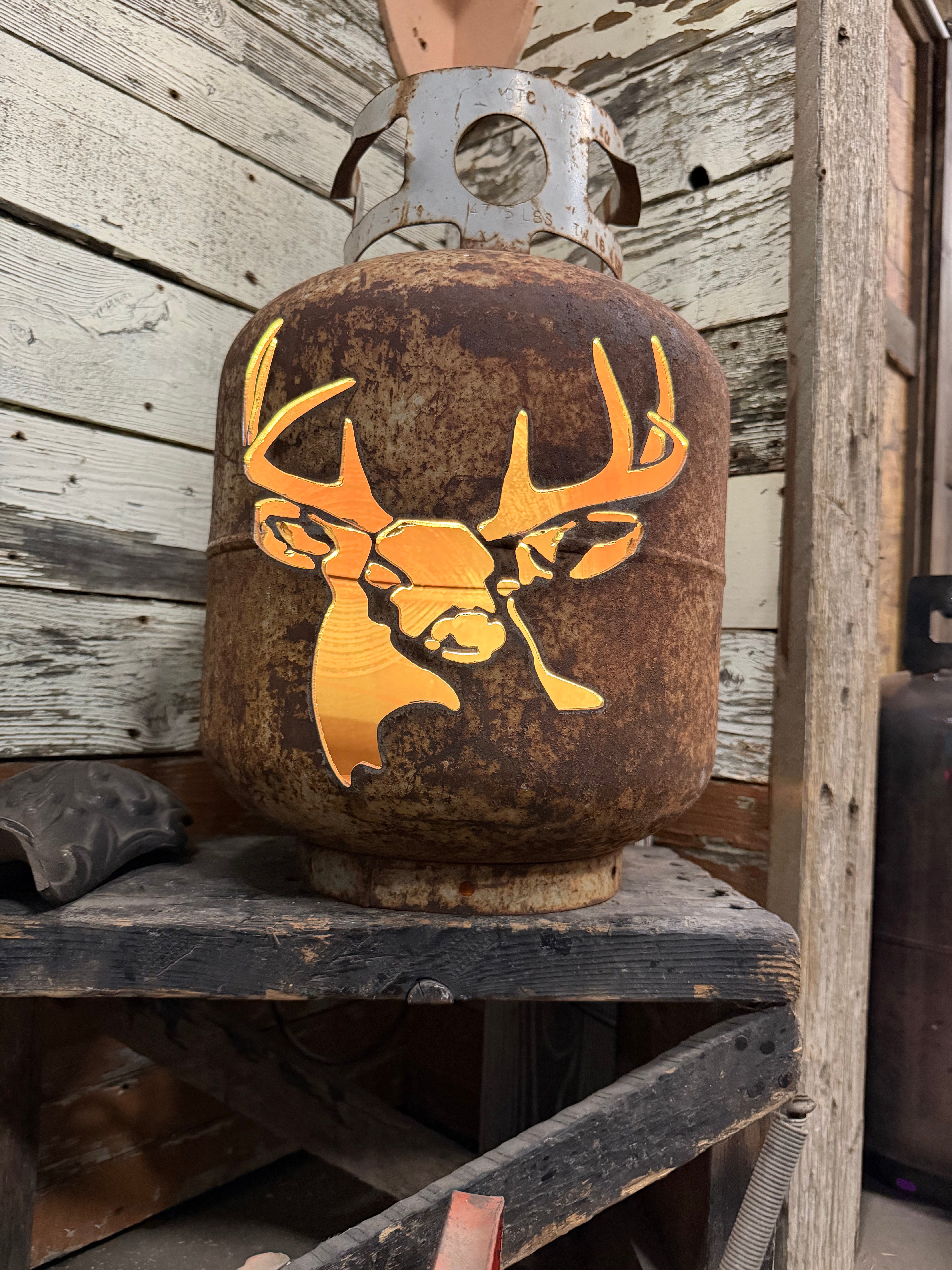 20lb Upcycled Patio Lantern, Deer Buck Head Natural Finish