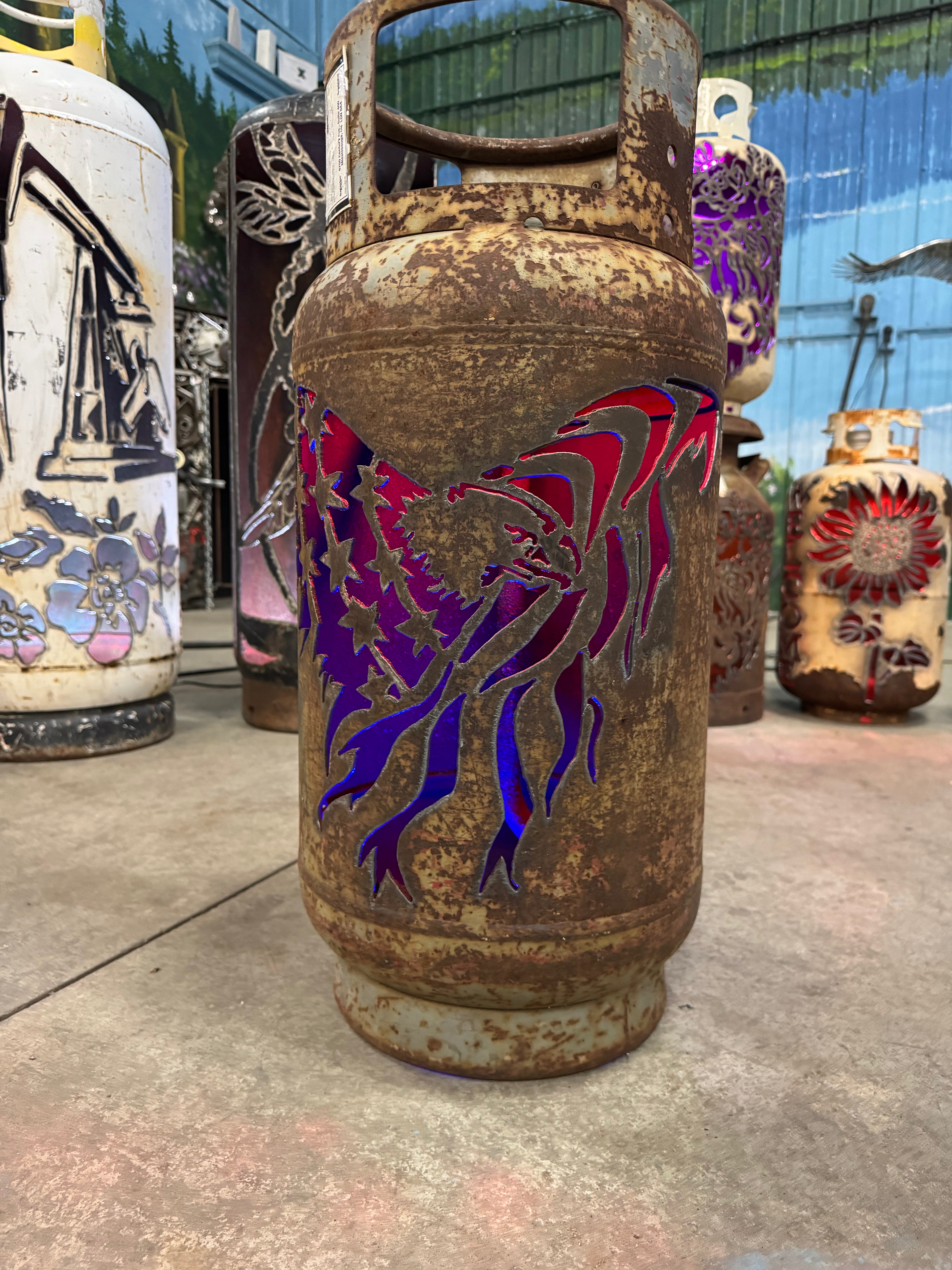 33lb Upcycled Patio Lantern, Light American Eagle with Flag (Liberty)
