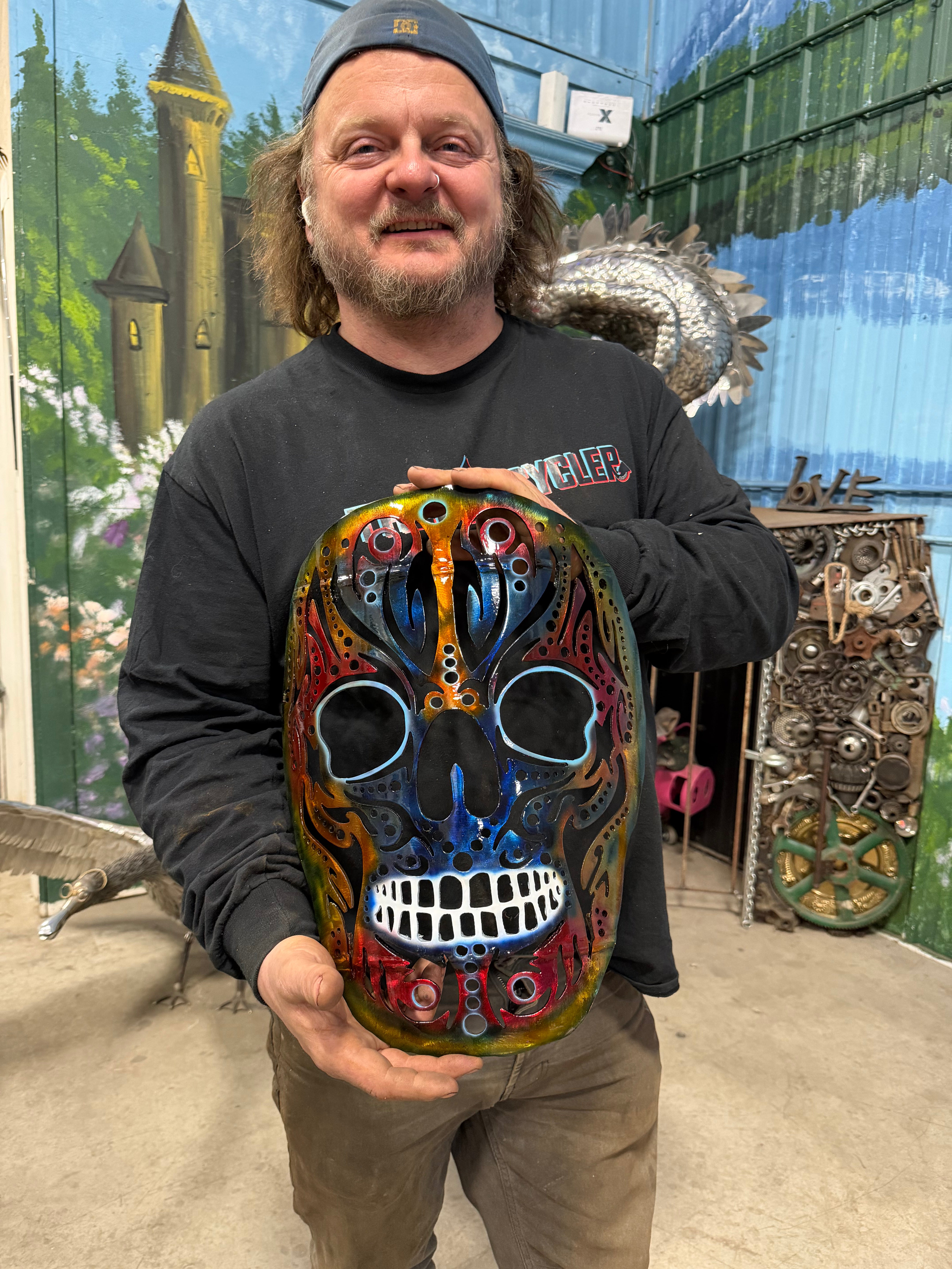 Wall Art, Hand-Painted Upcycled Steel Skull – One-of-One Statement