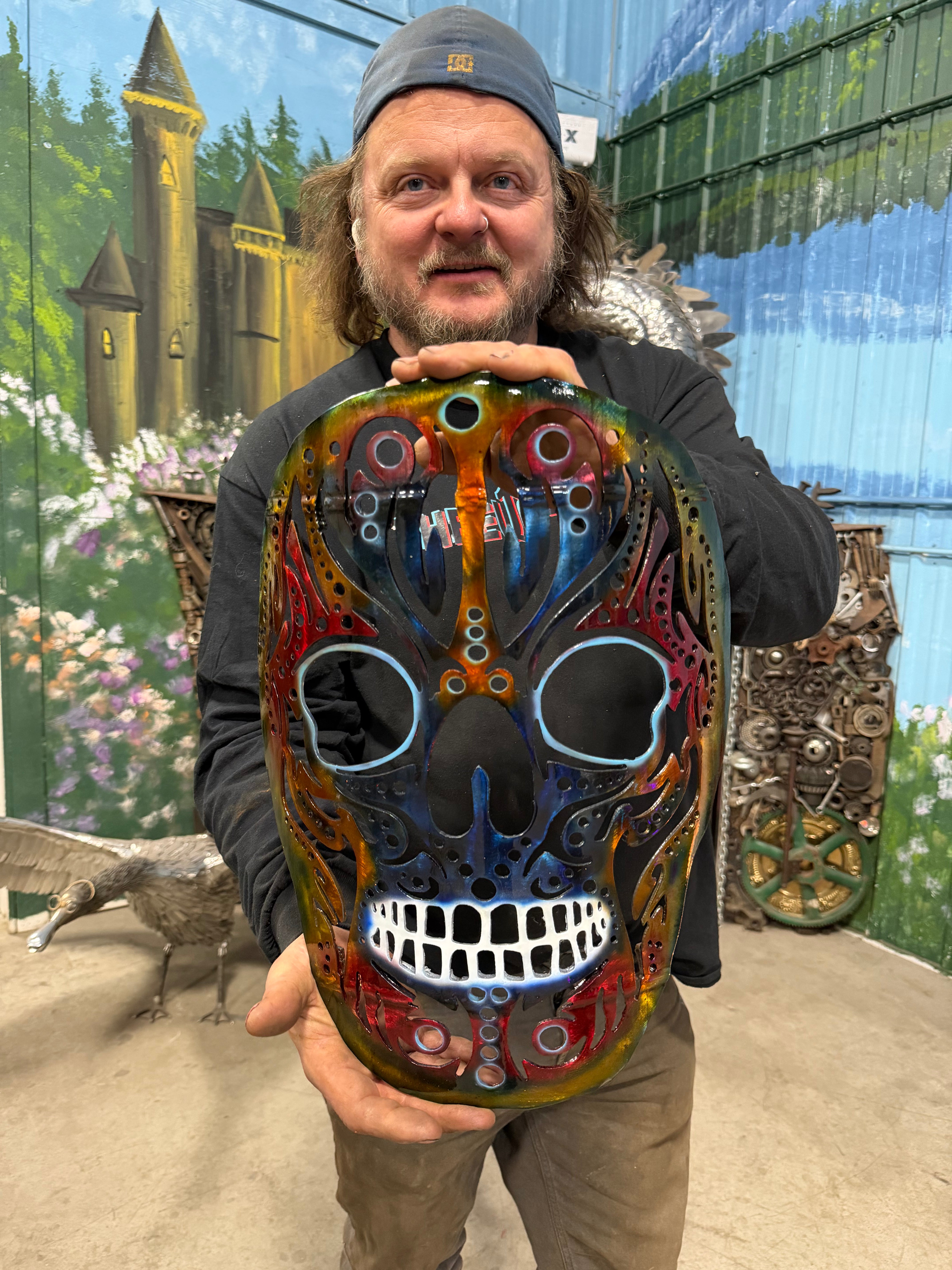 Wall Art, Hand-Painted Upcycled Steel Skull – One-of-One Statement