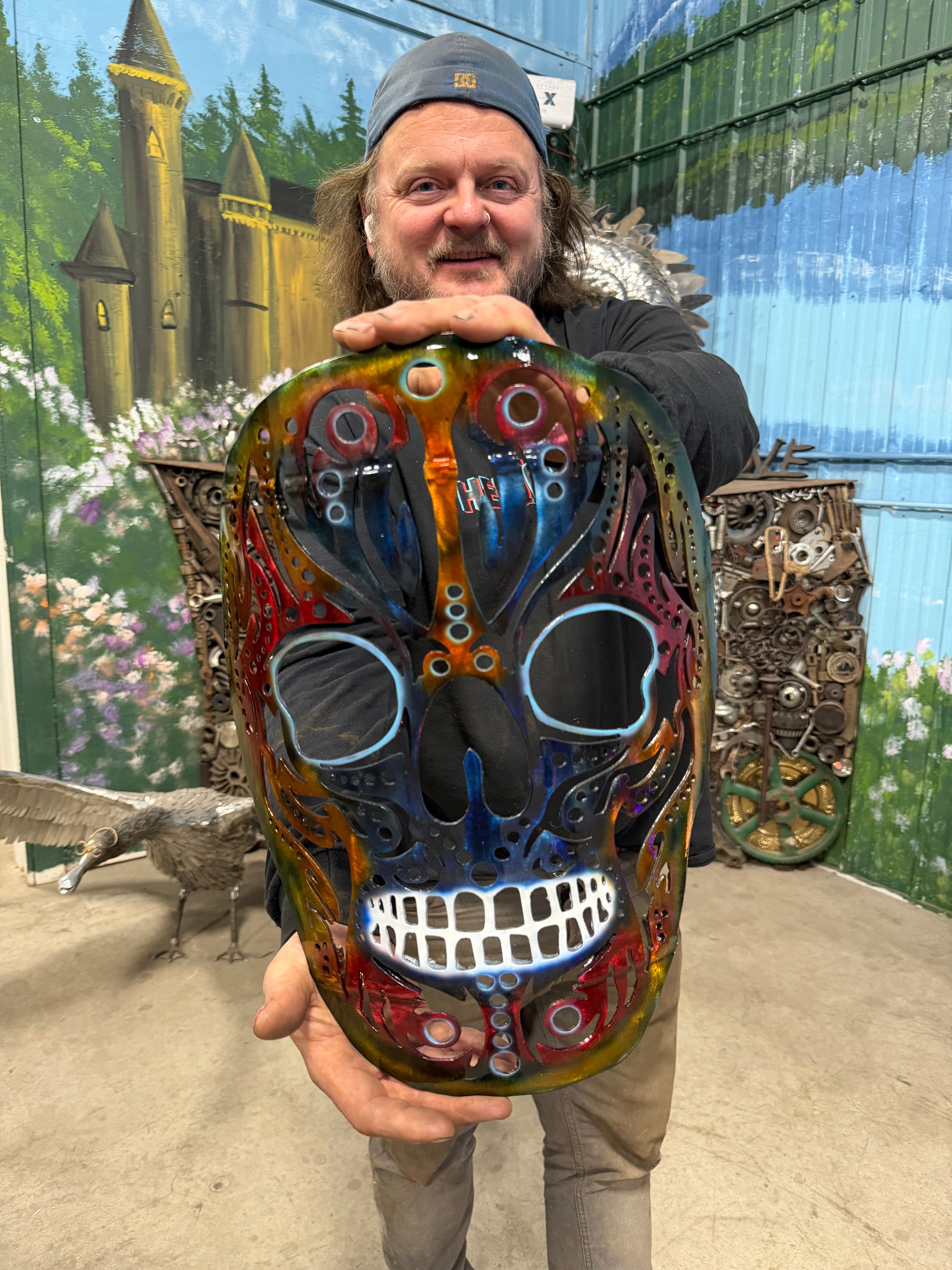 Wall Art, Hand-Painted Upcycled Steel Skull – One-of-One Statement