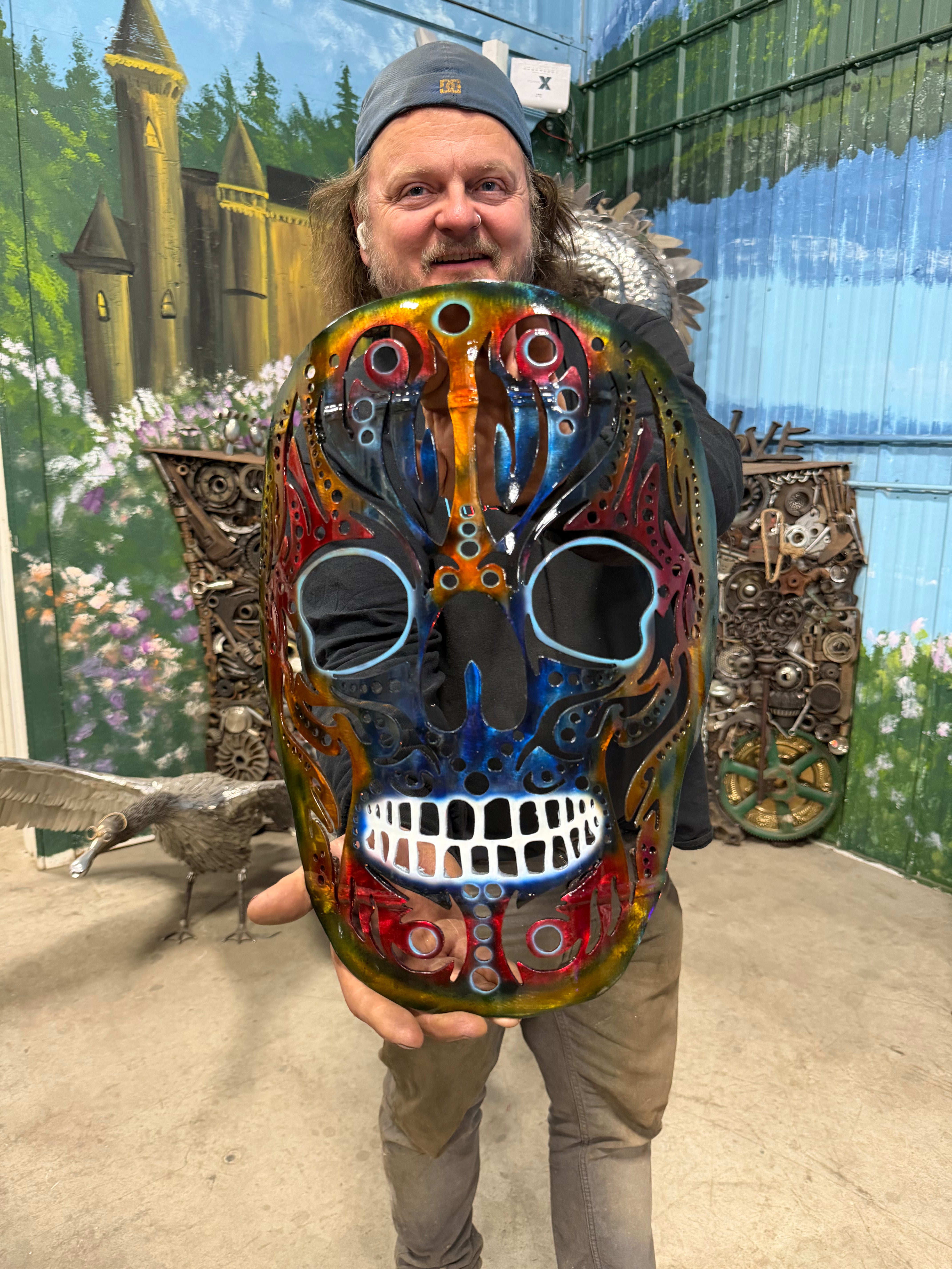 Wall Art, Hand-Painted Upcycled Steel Skull – One-of-One Statement