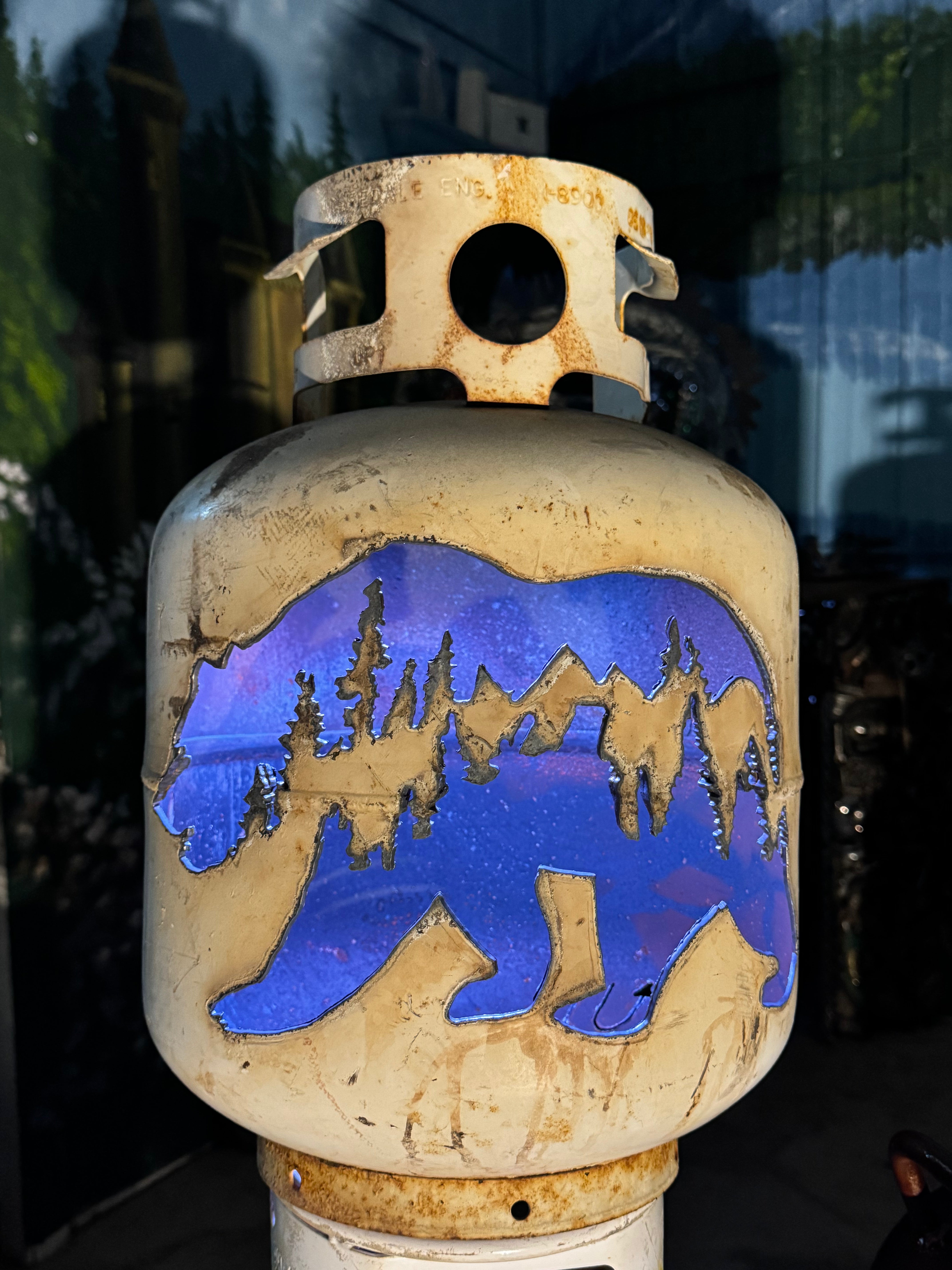 20lb Upcycled Patio Lantern, Bear with Trees