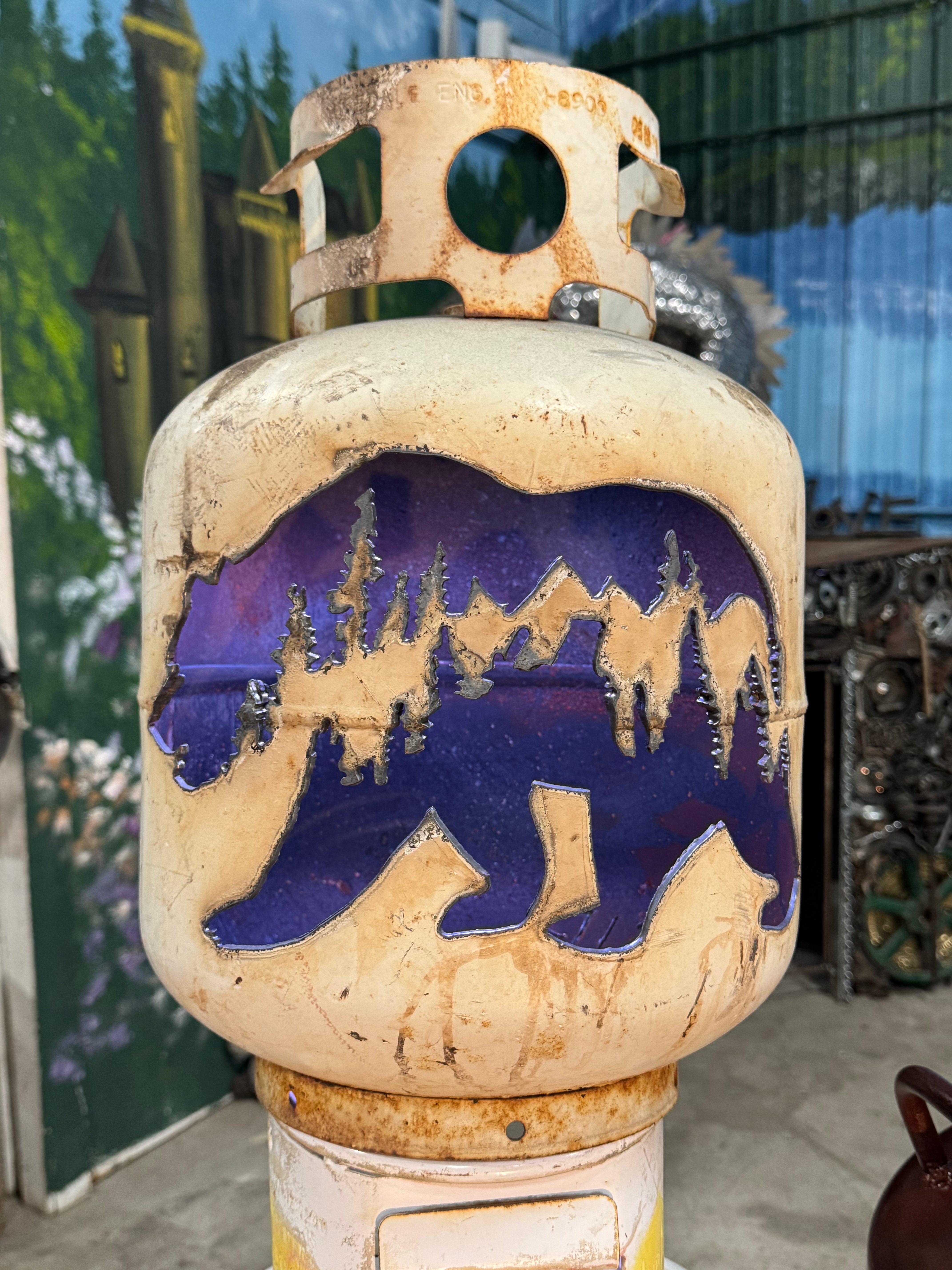 20lb Upcycled Patio Lantern, Bear with Trees