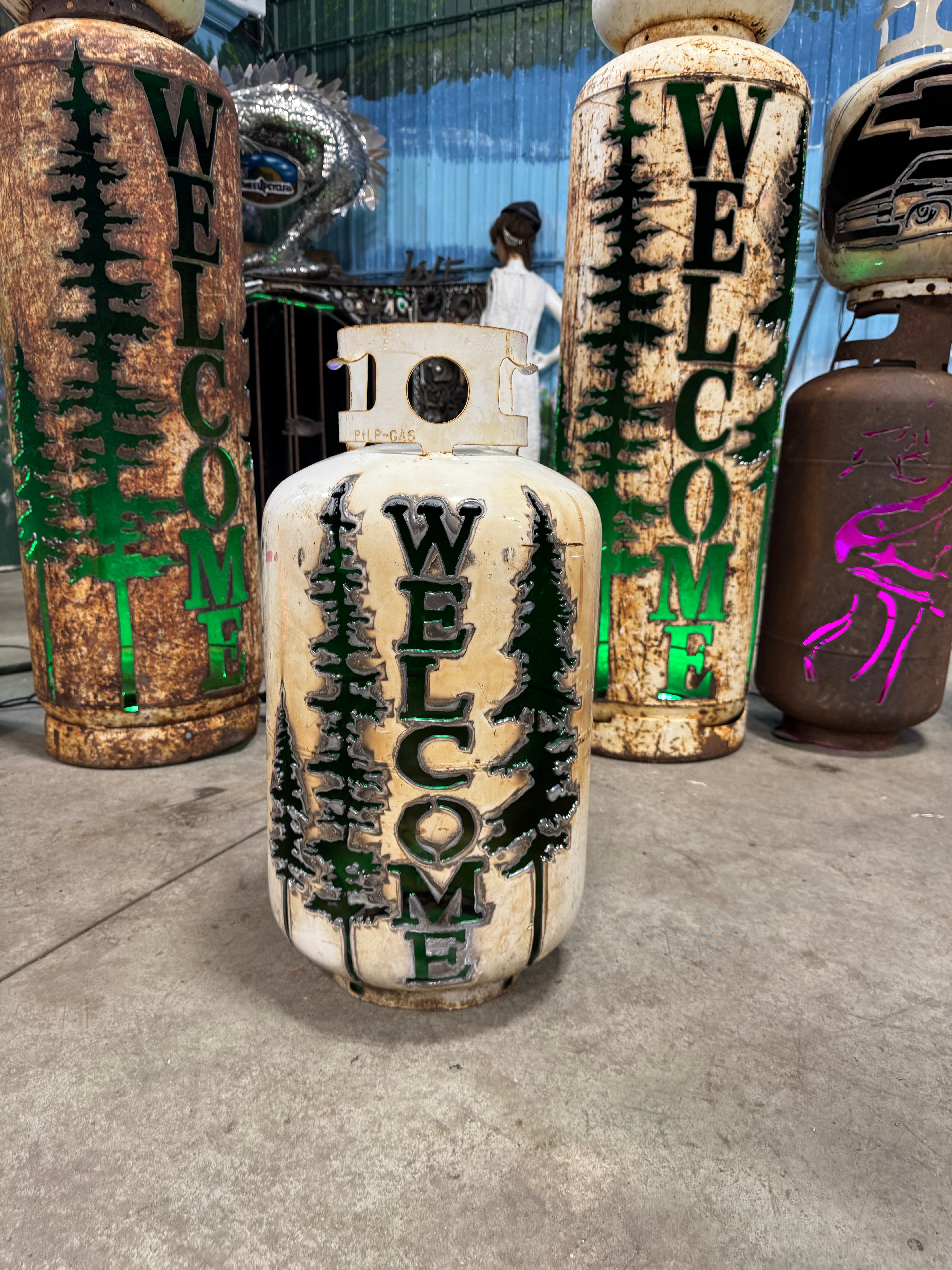 30lb Upcycled Patio Lantern, Welcome Spruce Trees