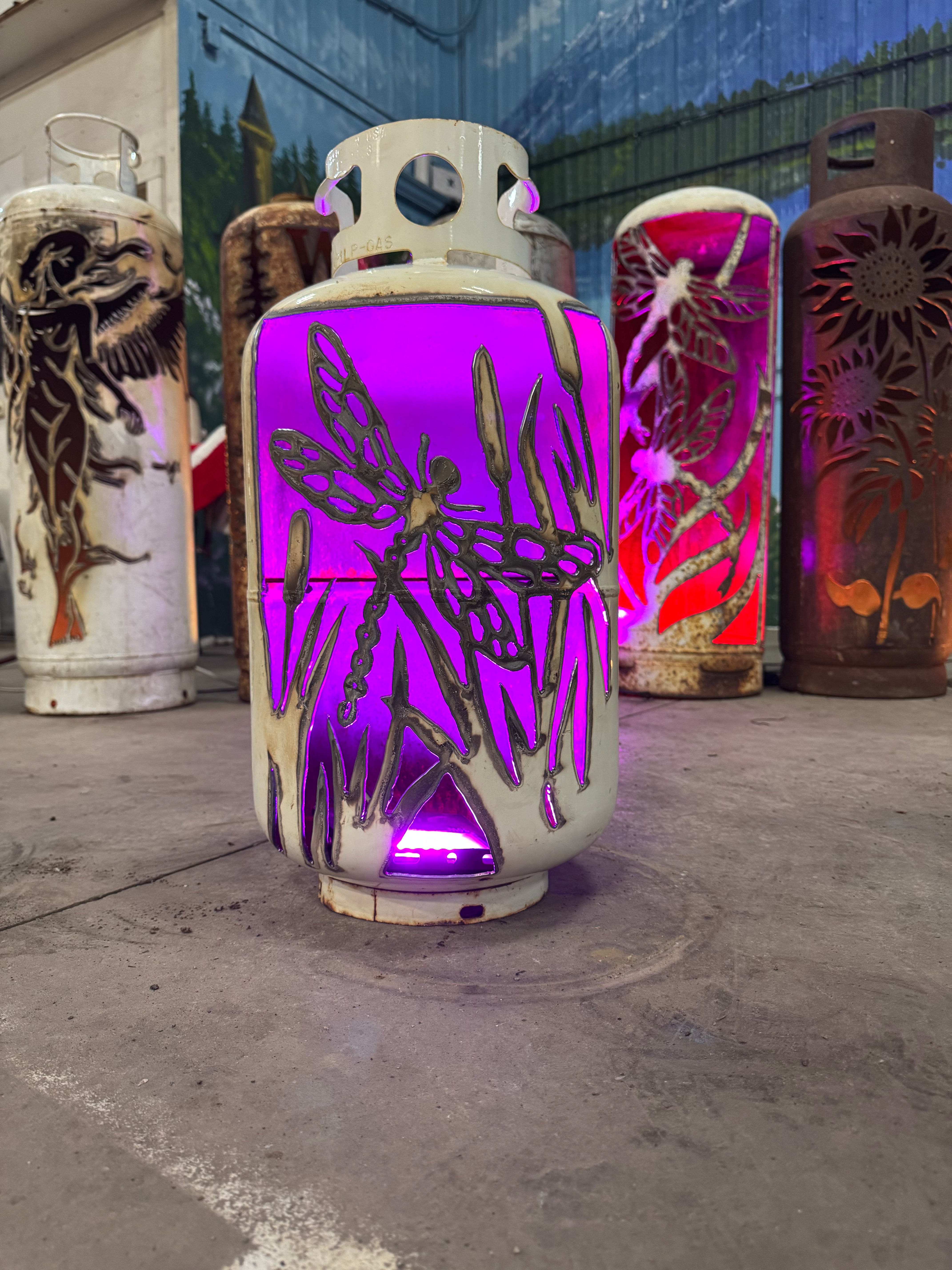 30lb Upcycled Patio Lantern, Dragonfly in Cattails