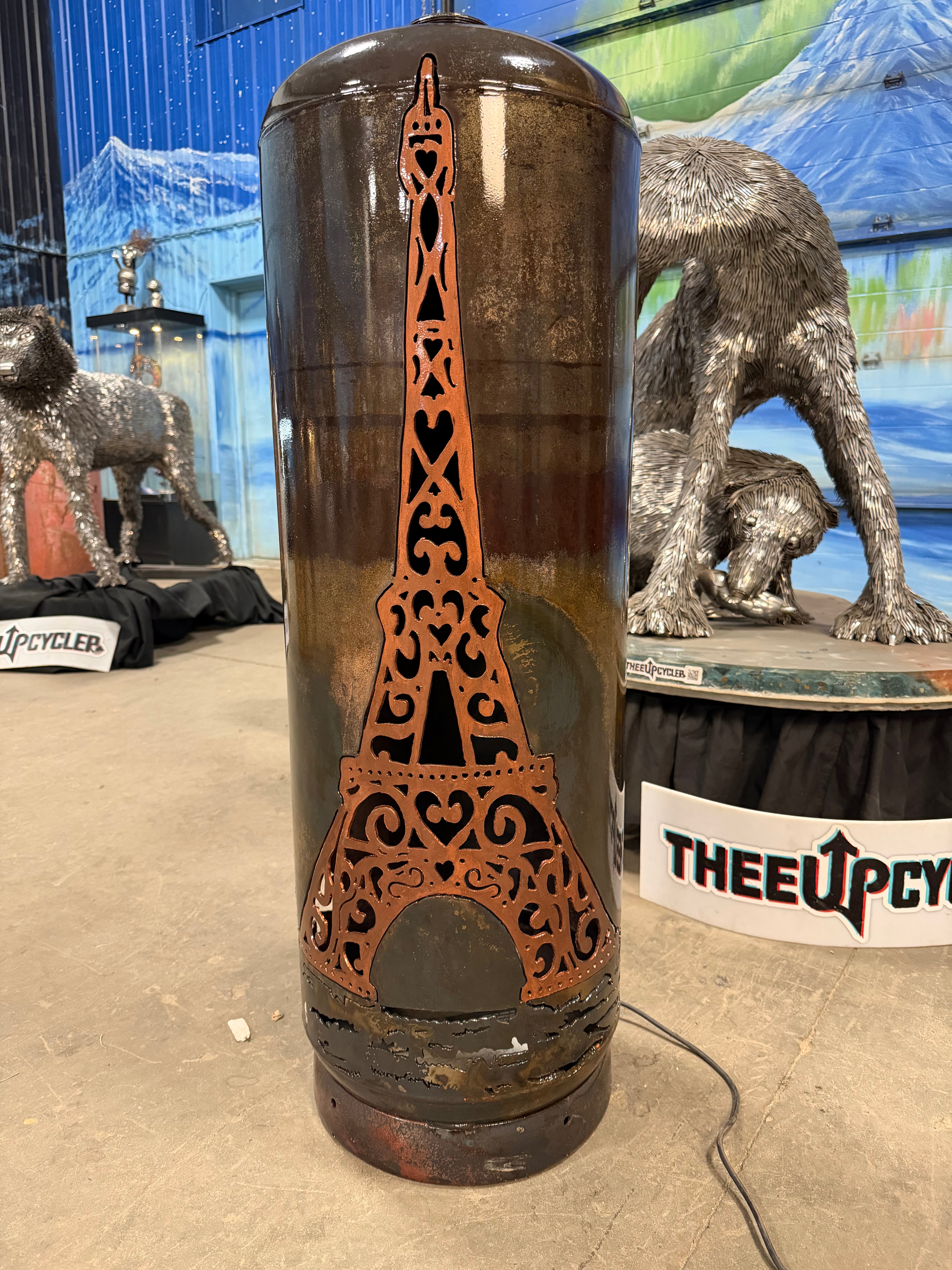 100lb Upcycled Patio Lantern, Eiffel Tower Copper Patina on Tower
