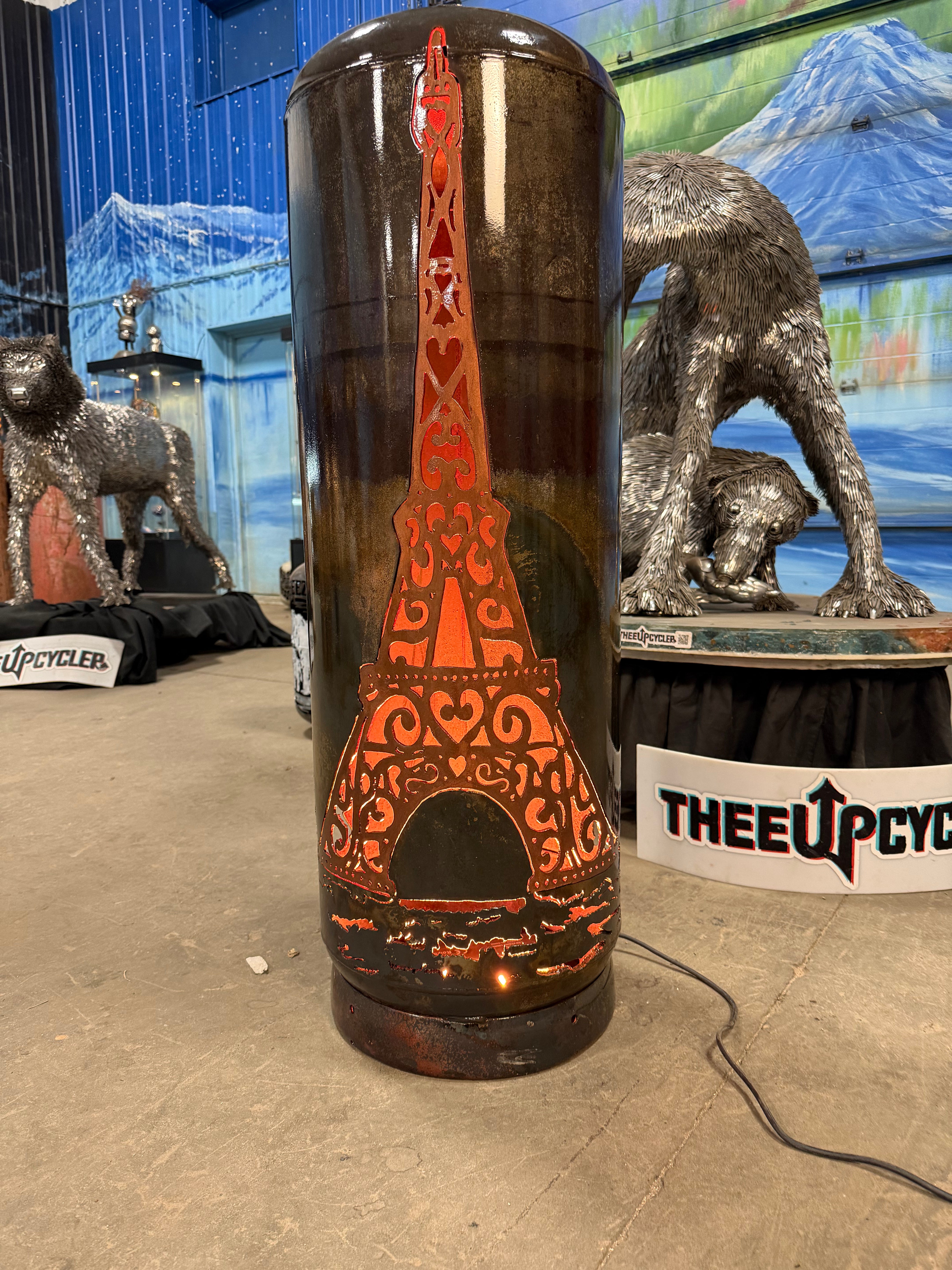 100lb Upcycled Patio Lantern, Eiffel Tower Copper Patina on Tower