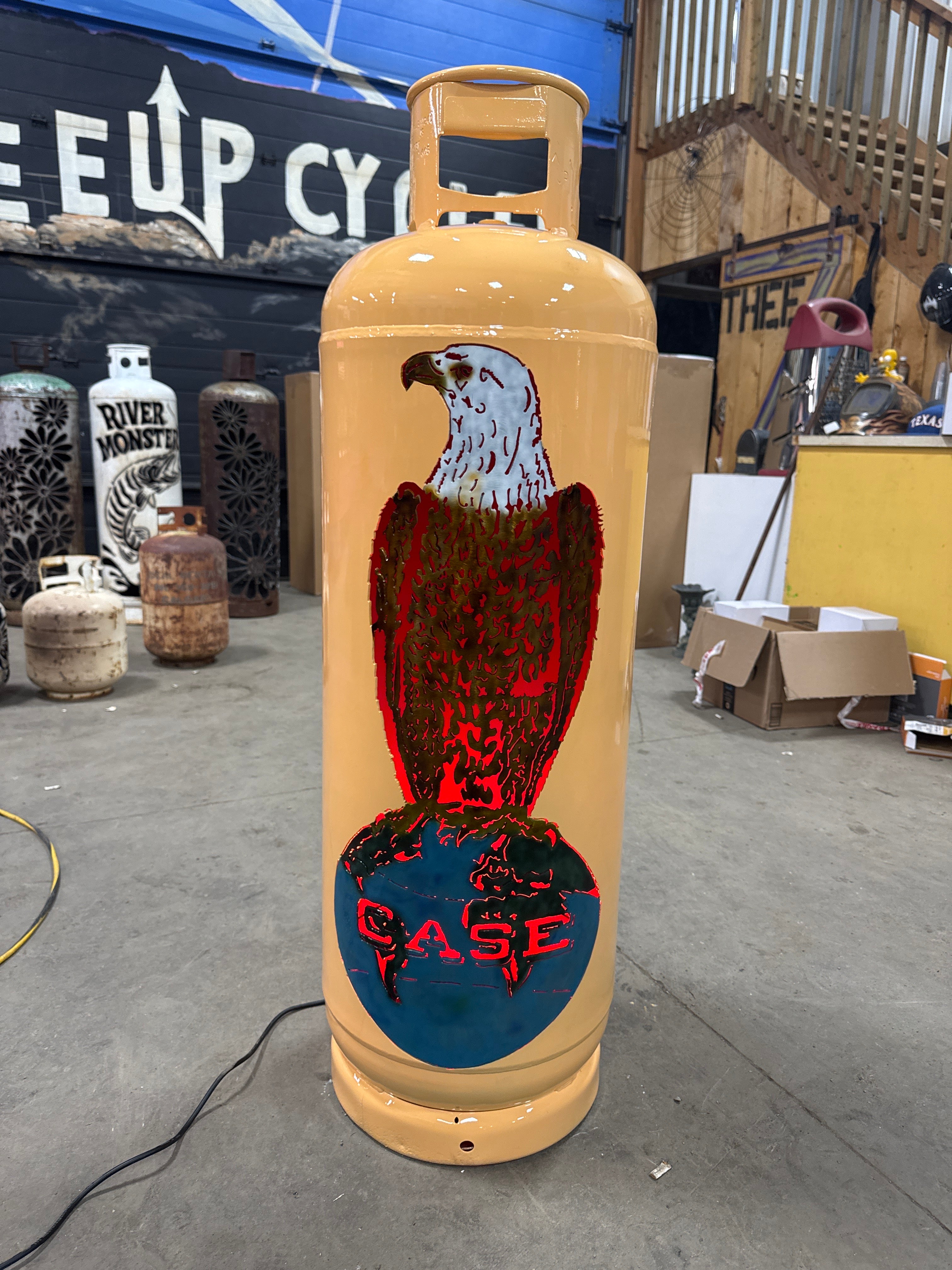 100lb Upcycled Patio Lantern, Vintage Case Eagle on Globe Patina