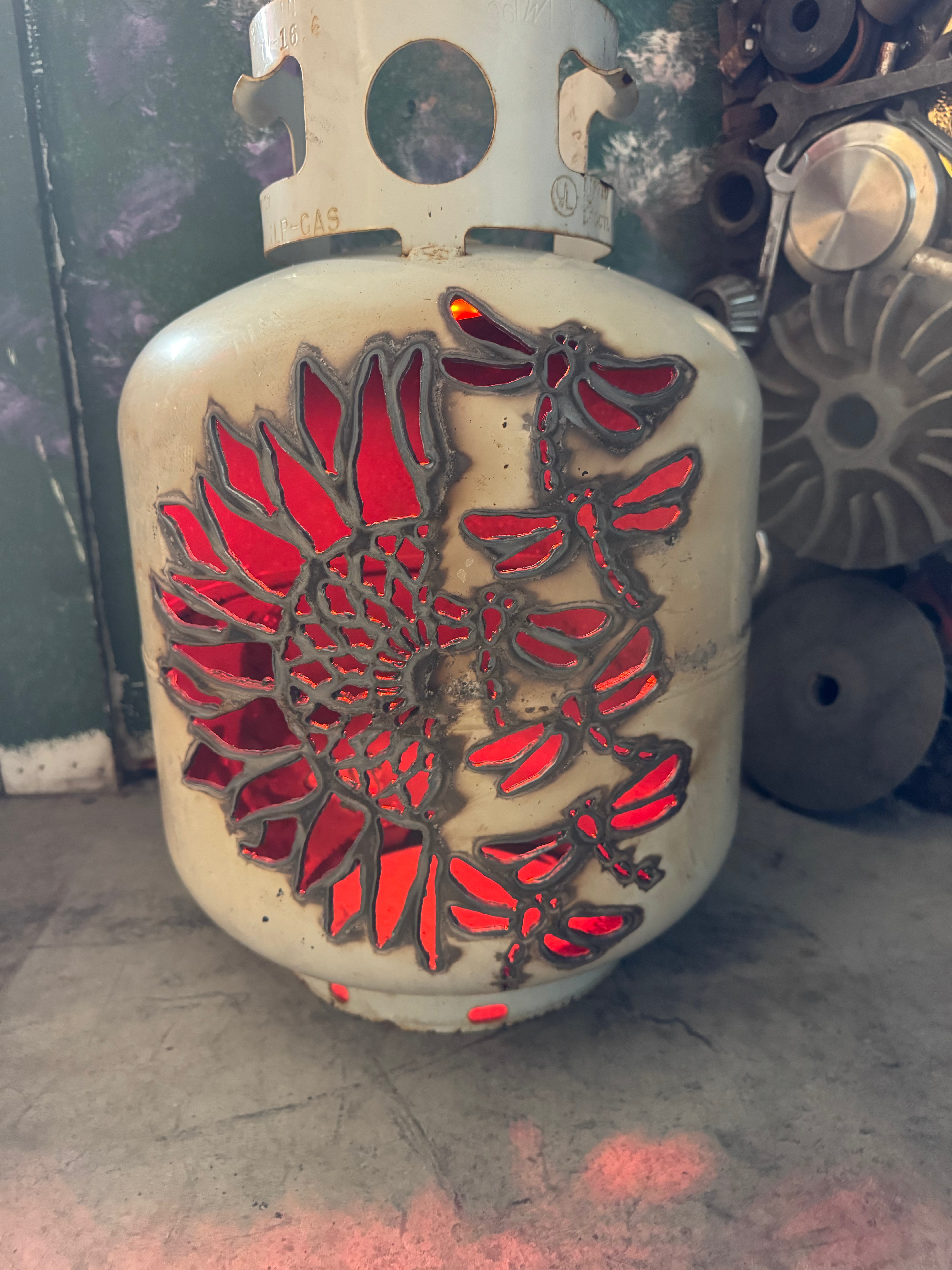 20lb Upcycled Patio Lantern, Sunflower Dragonfly