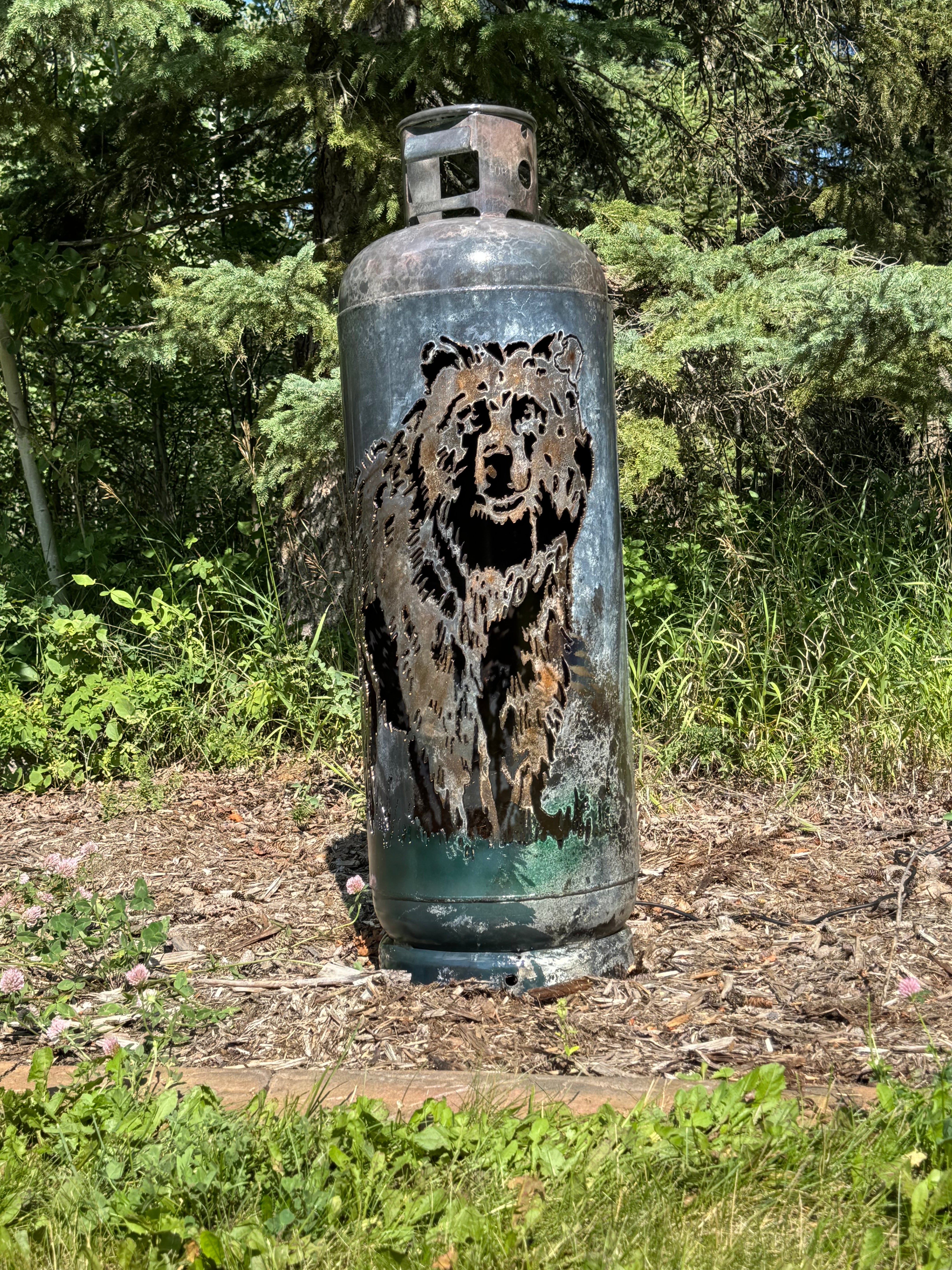 100lb Upcycled Patio Lantern, Grizzly Bear with *Burnt Patina finish and airbrushing*